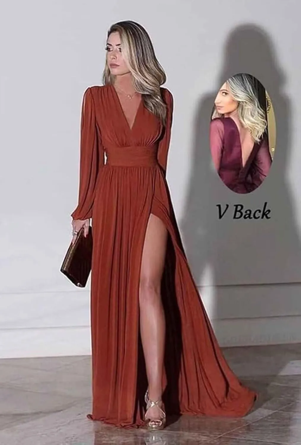 Long Sleeve Chiffon Bridesmaid Dresses for Women V Neck Empire Waist Pleated Long Evening Formal Dress with Slit