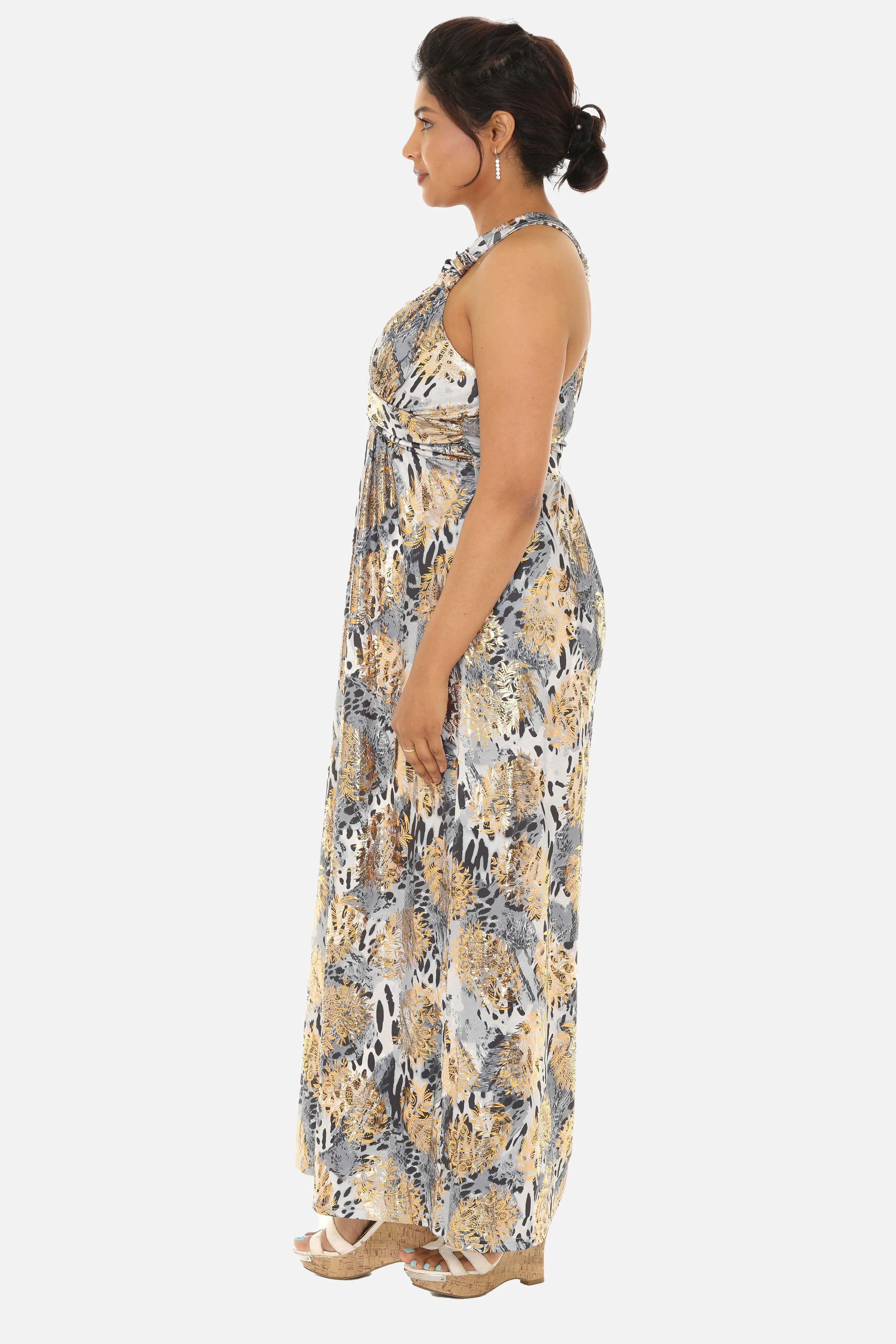 Long Women Animal Print Maxi Halter Dress with Gold Foil