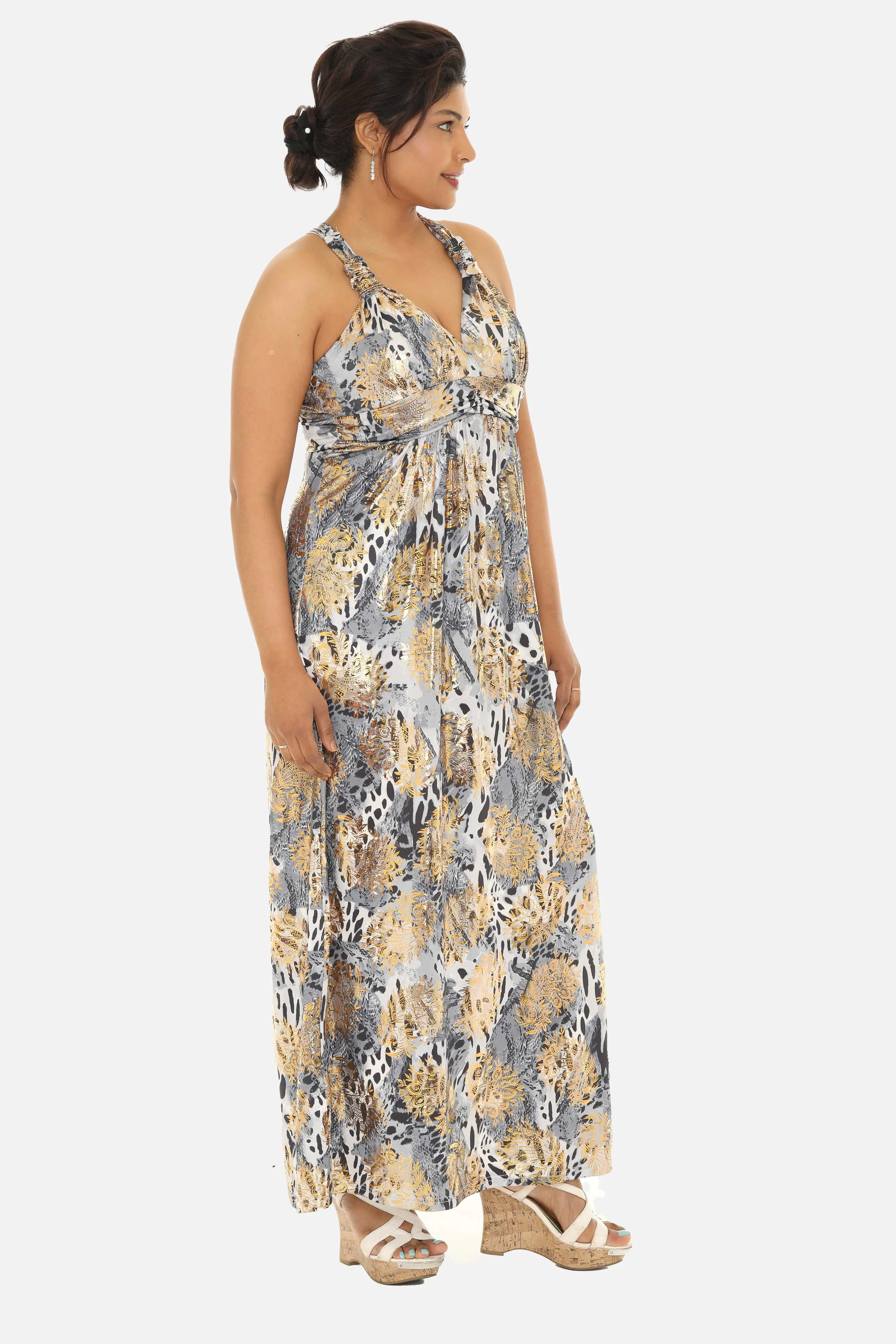 Long Women Animal Print Maxi Halter Dress with Gold Foil