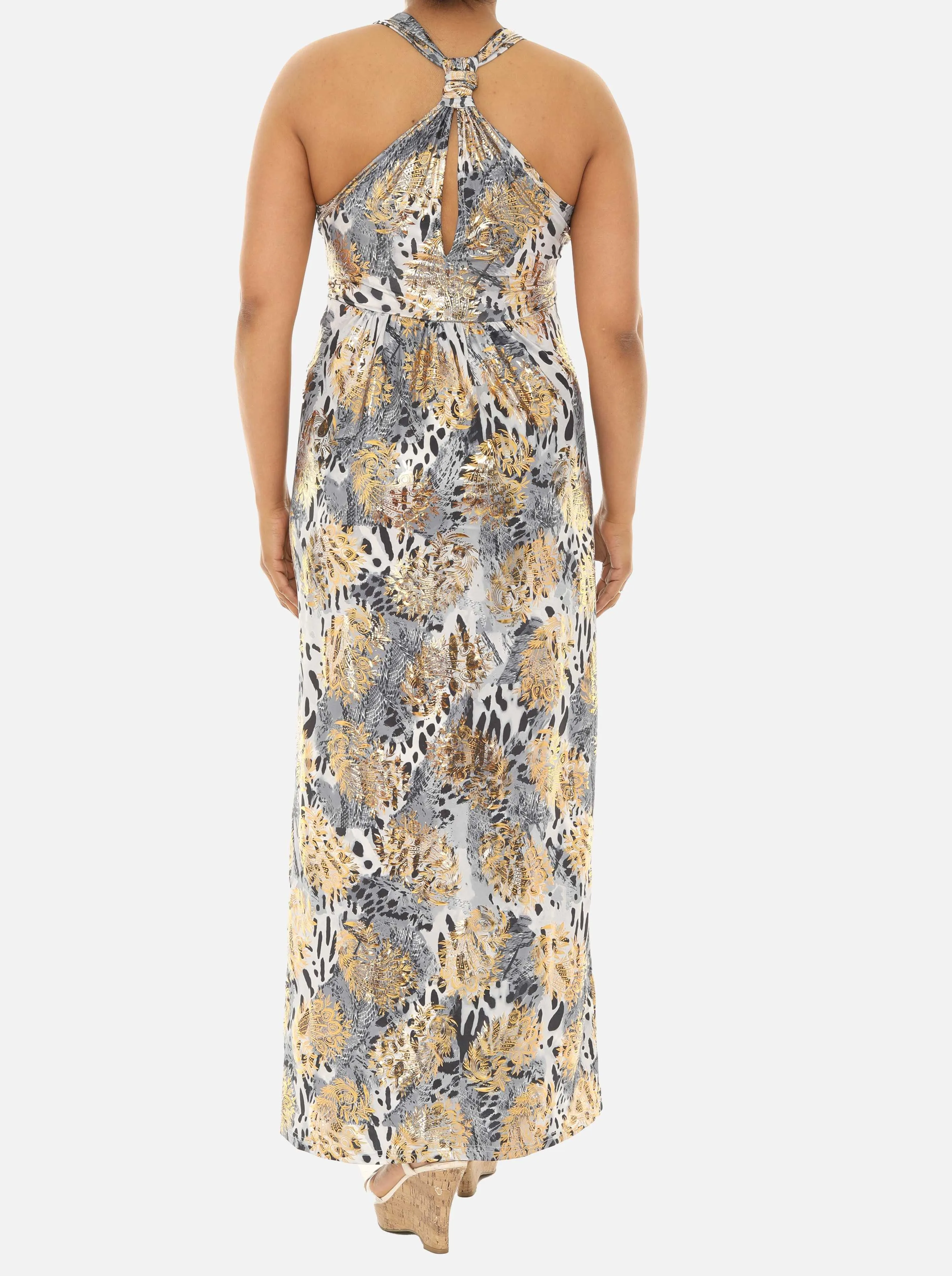 Long Women Animal Print Maxi Halter Dress with Gold Foil