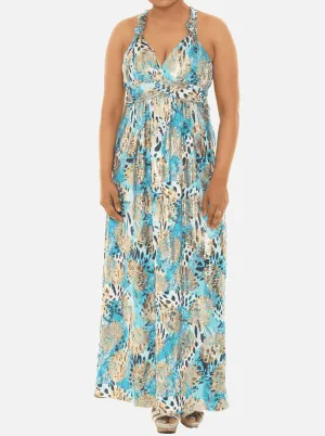Long Women Animal Print Maxi Halter Dress with Gold Foil