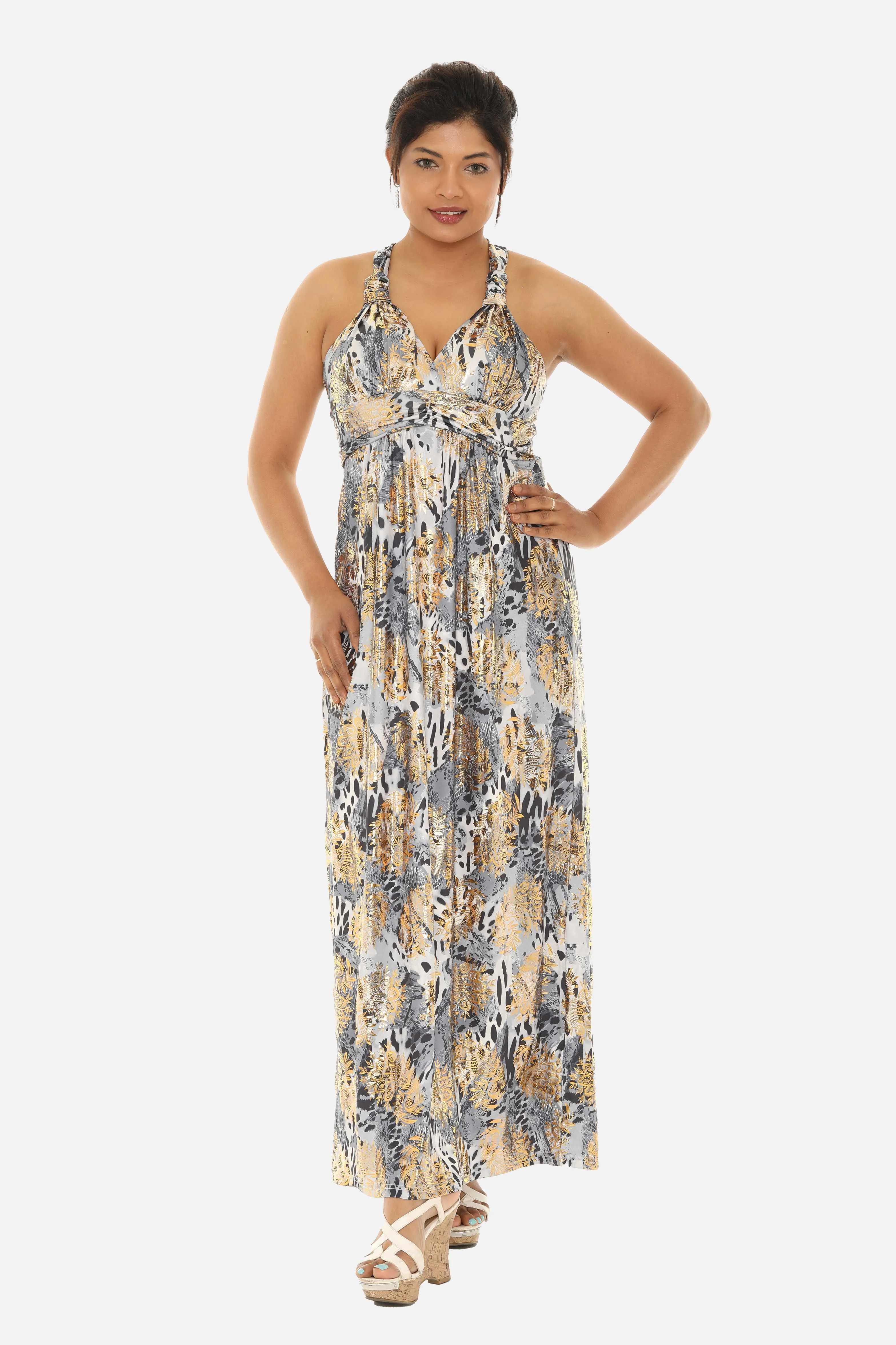 Long Women Animal Print Maxi Halter Dress with Gold Foil