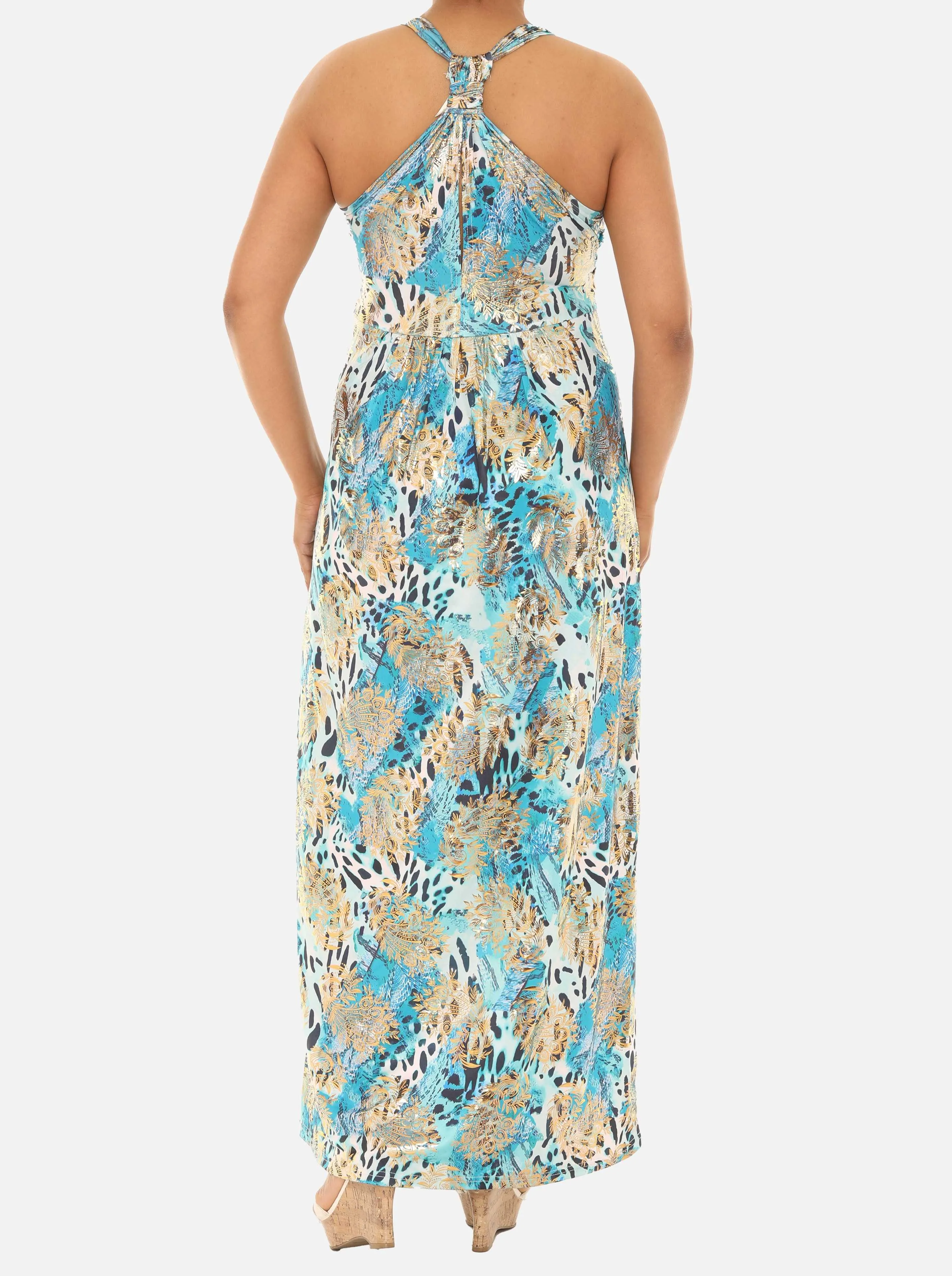 Long Women Animal Print Maxi Halter Dress with Gold Foil