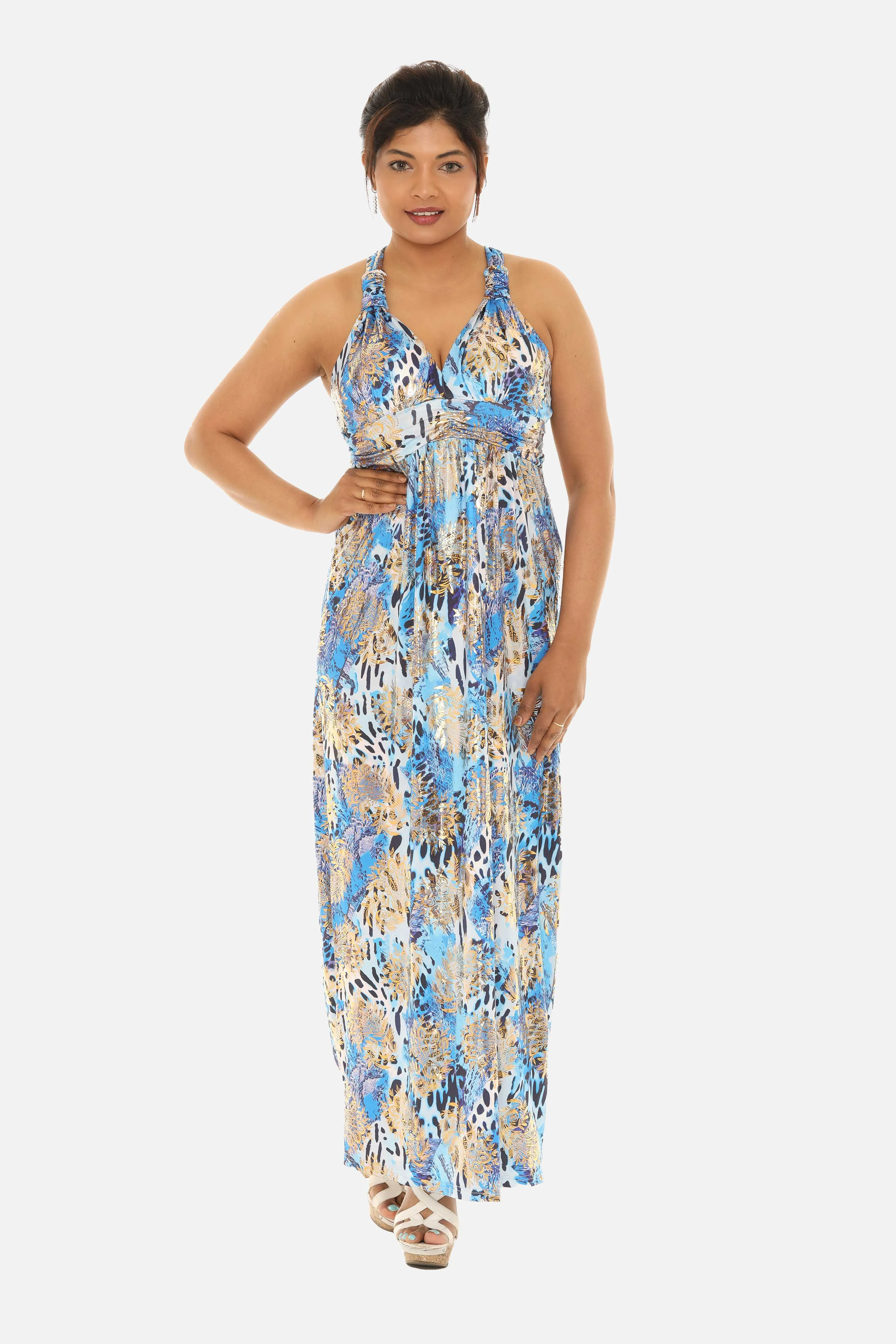 Long Women Animal Print Maxi Halter Dress with Gold Foil