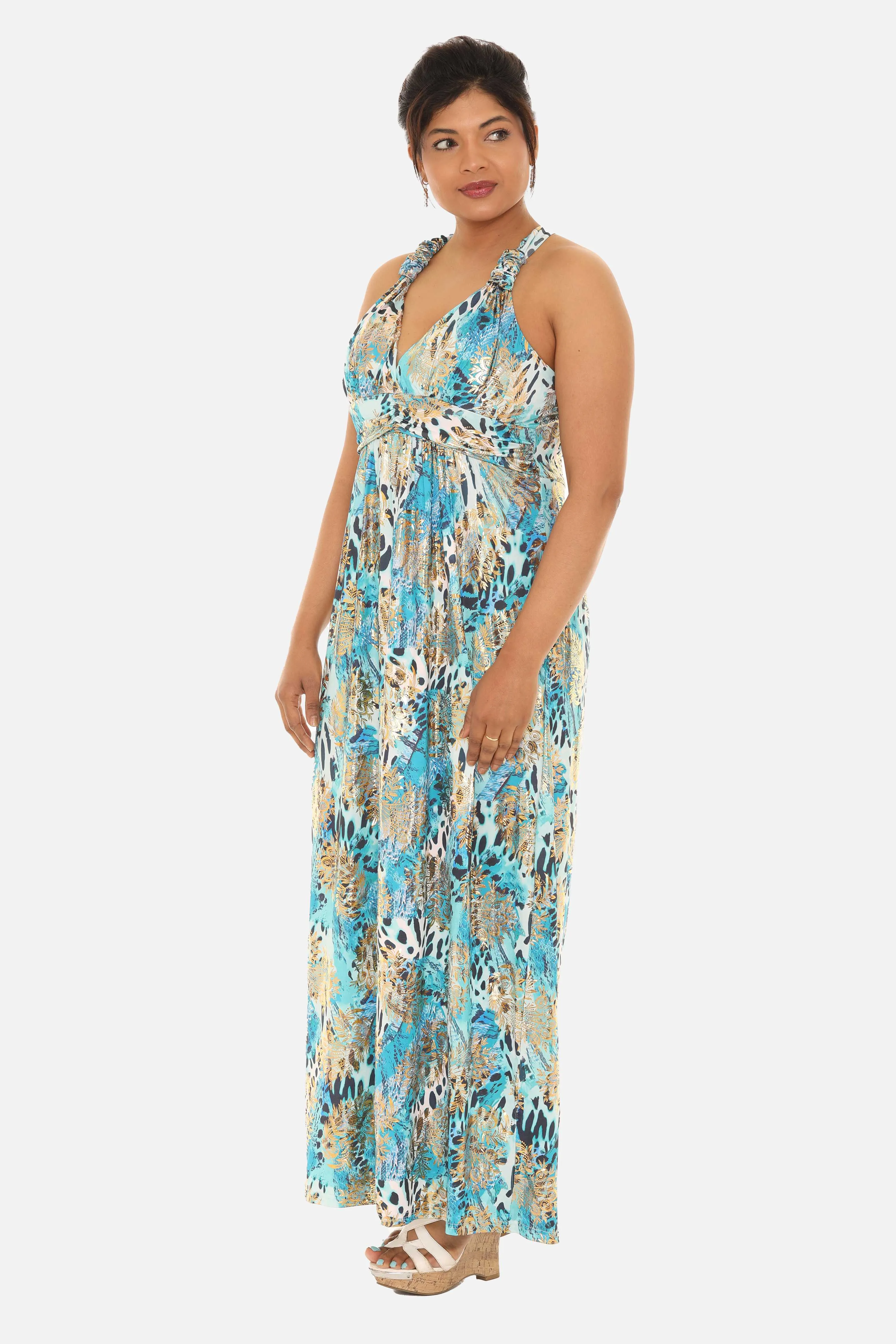 Long Women Animal Print Maxi Halter Dress with Gold Foil