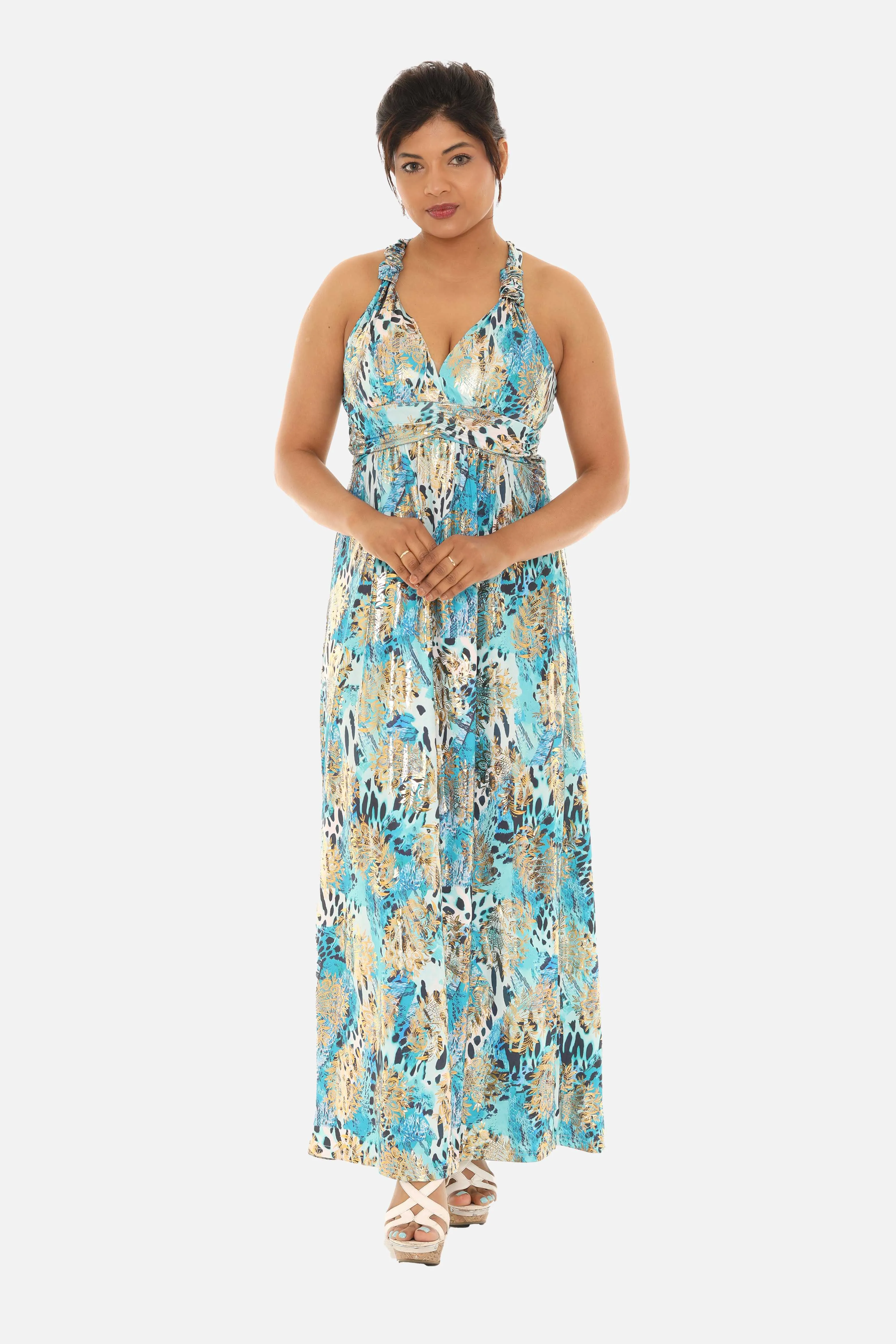 Long Women Animal Print Maxi Halter Dress with Gold Foil