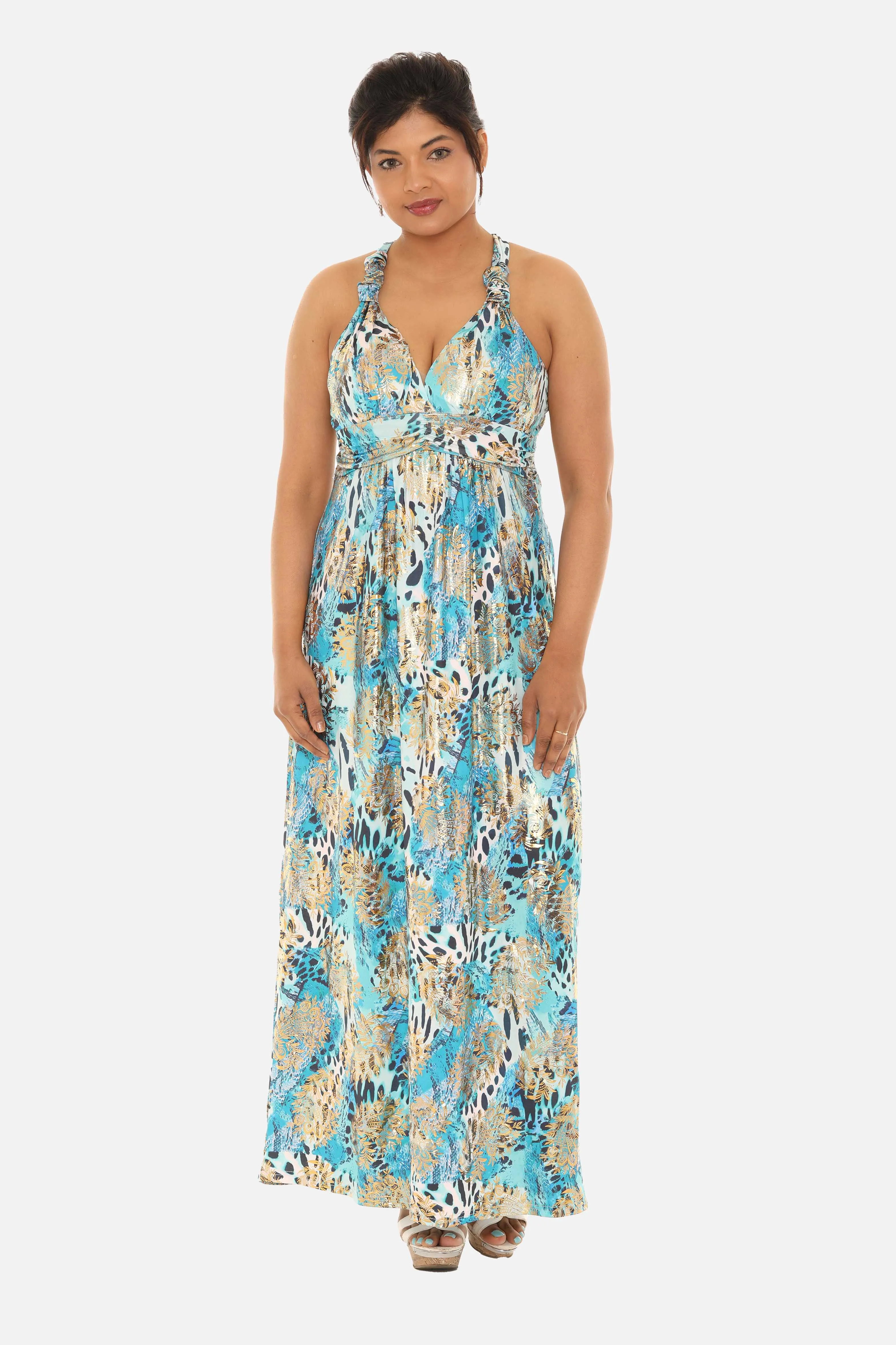 Long Women Animal Print Maxi Halter Dress with Gold Foil