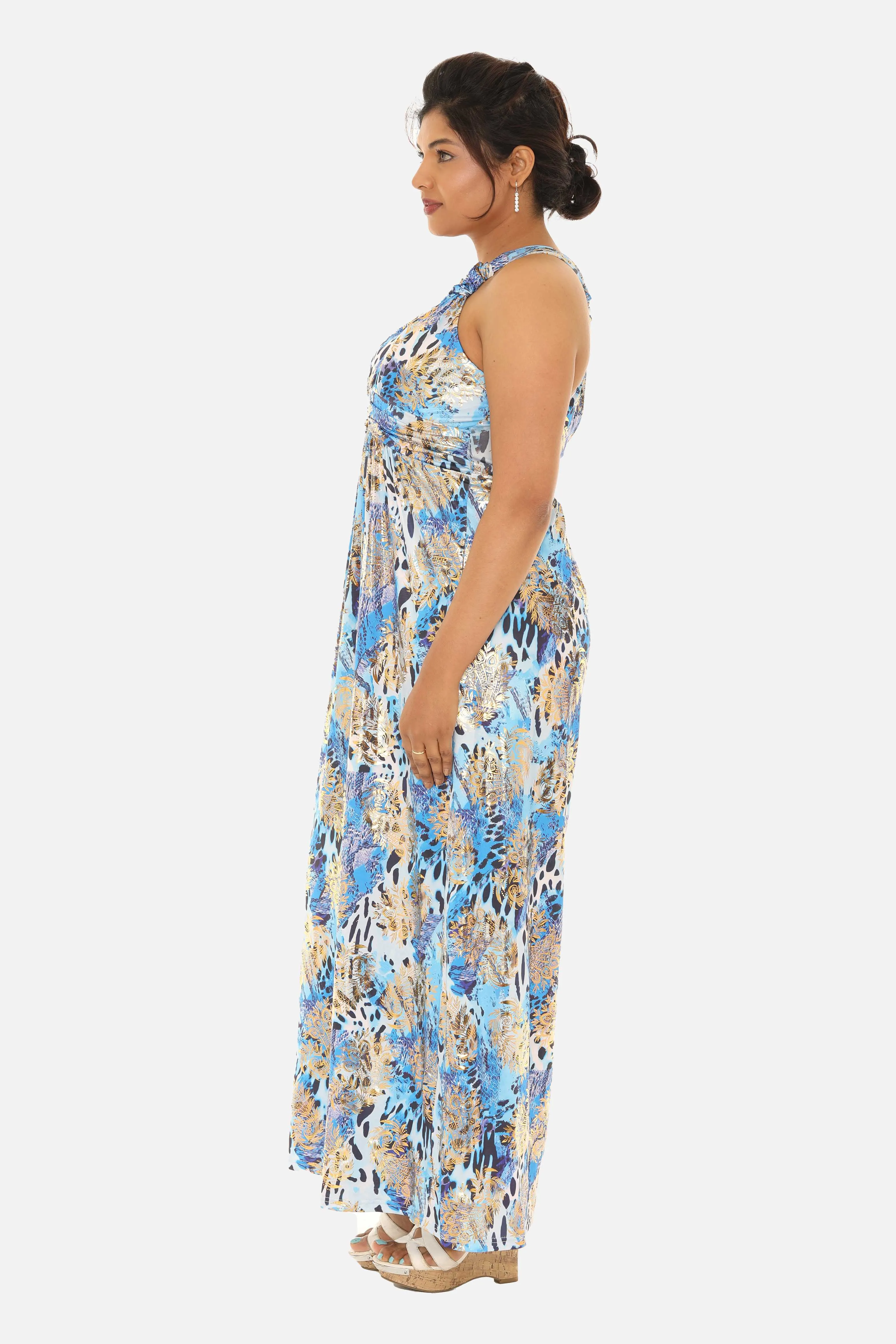 Long Women Animal Print Maxi Halter Dress with Gold Foil
