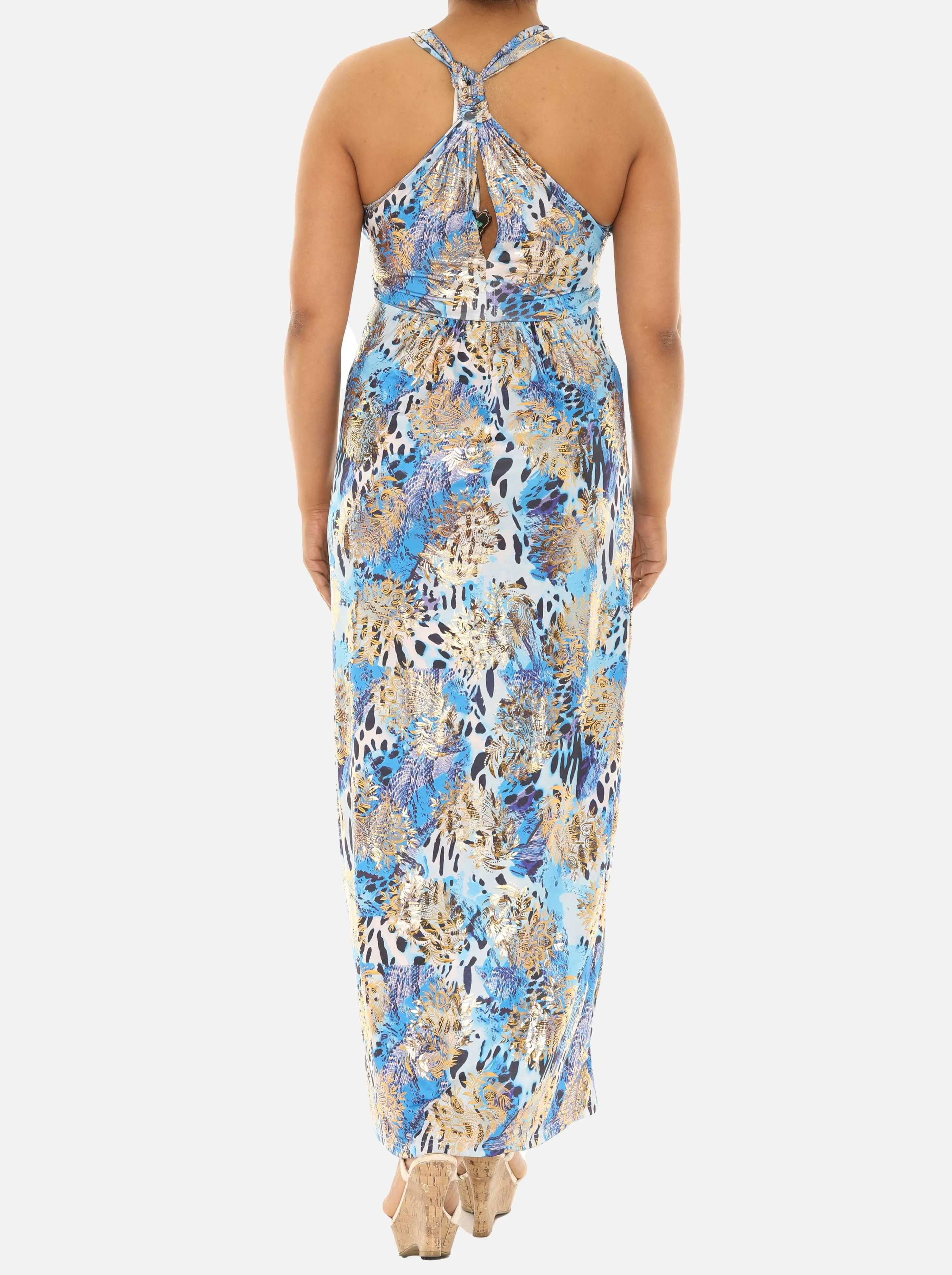 Long Women Animal Print Maxi Halter Dress with Gold Foil
