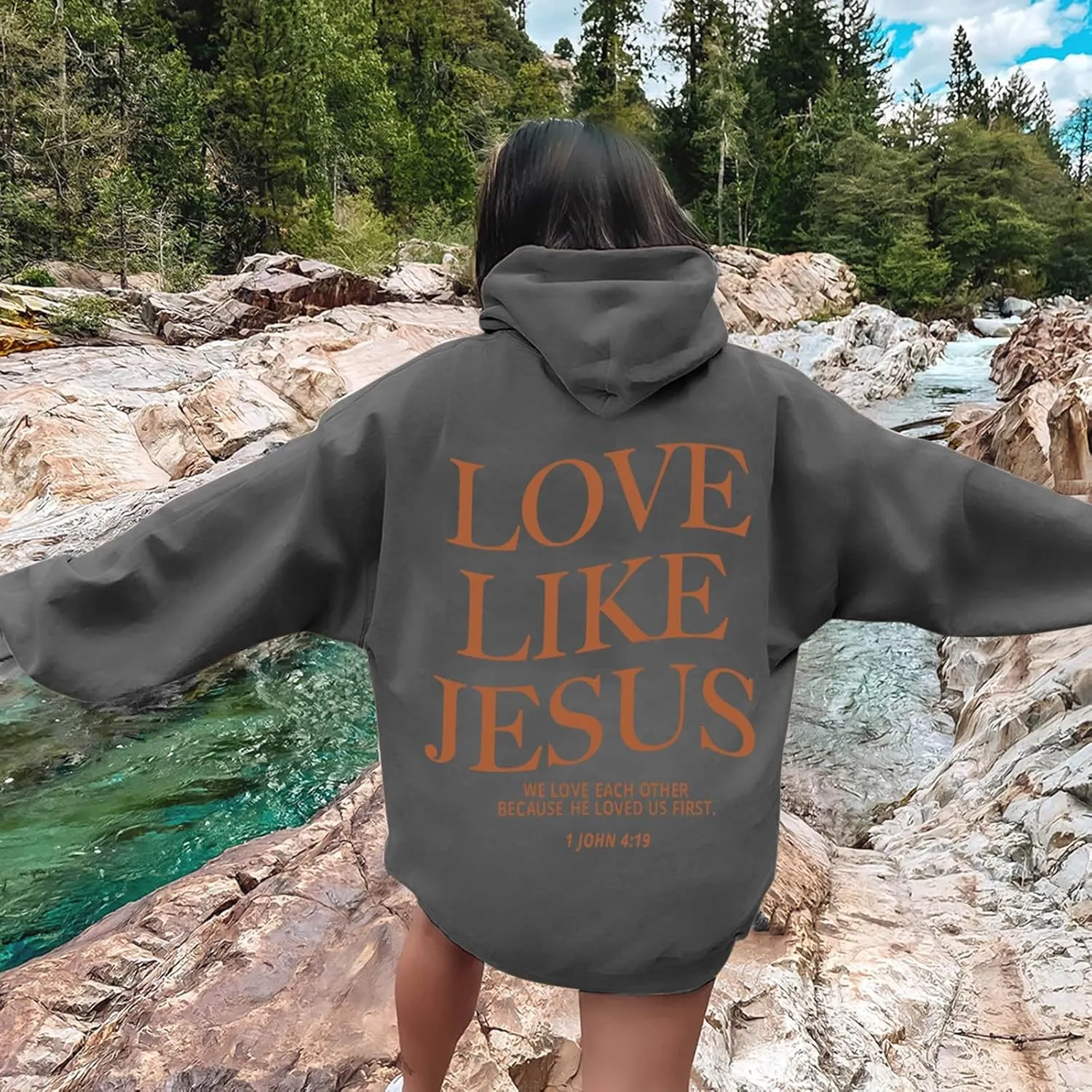 Love Like Jesus Graphic Christian Hoodies for Women Girls Bible Verse Oversized Long Sleeve Pocket Y2K Sweatshirt