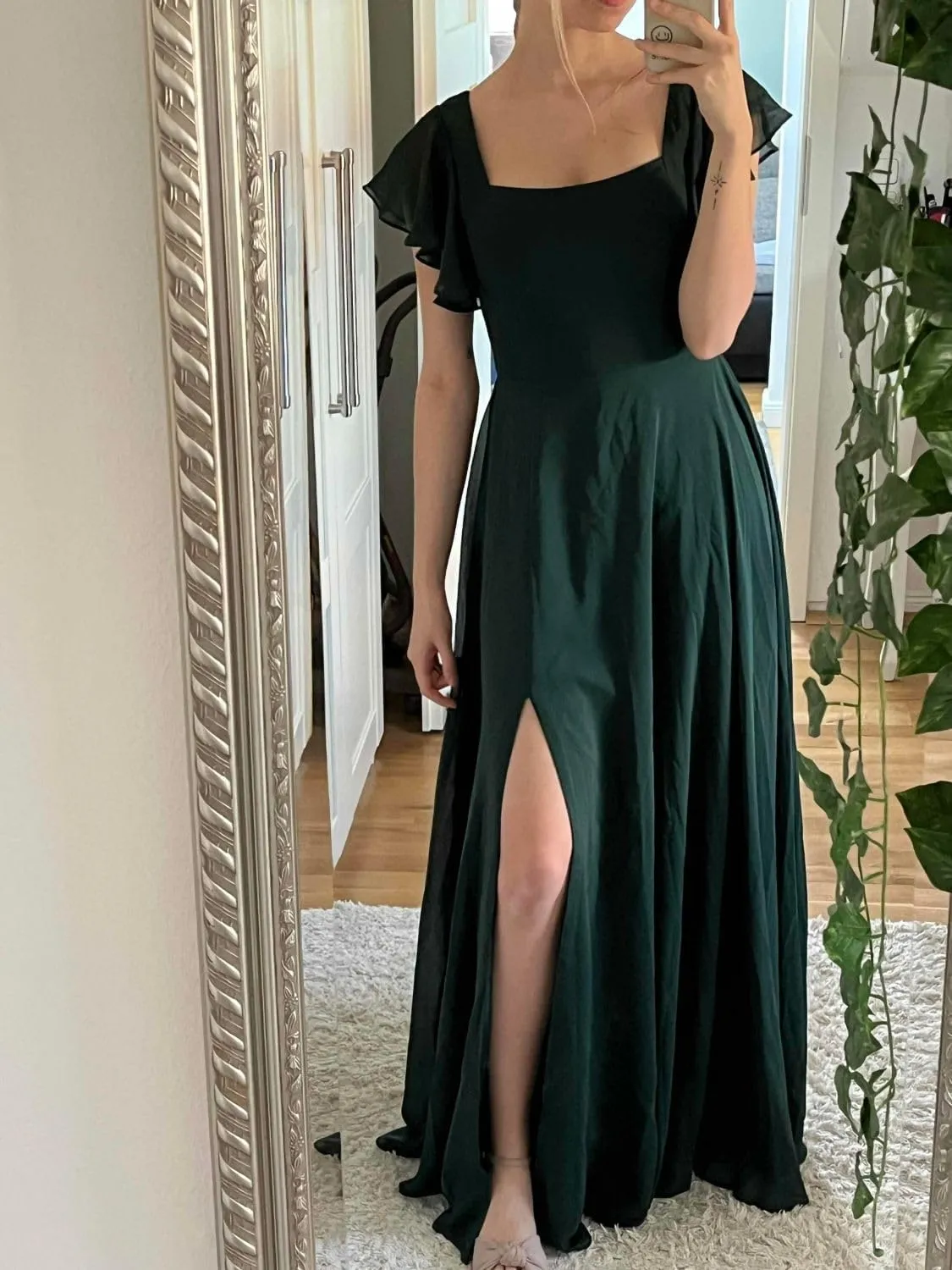 Loyeloy Women's Short Sleeve Bridesmaid Dresses for Wedding Empire Waist A Line Chiffon Long Formal Dresses with Slit