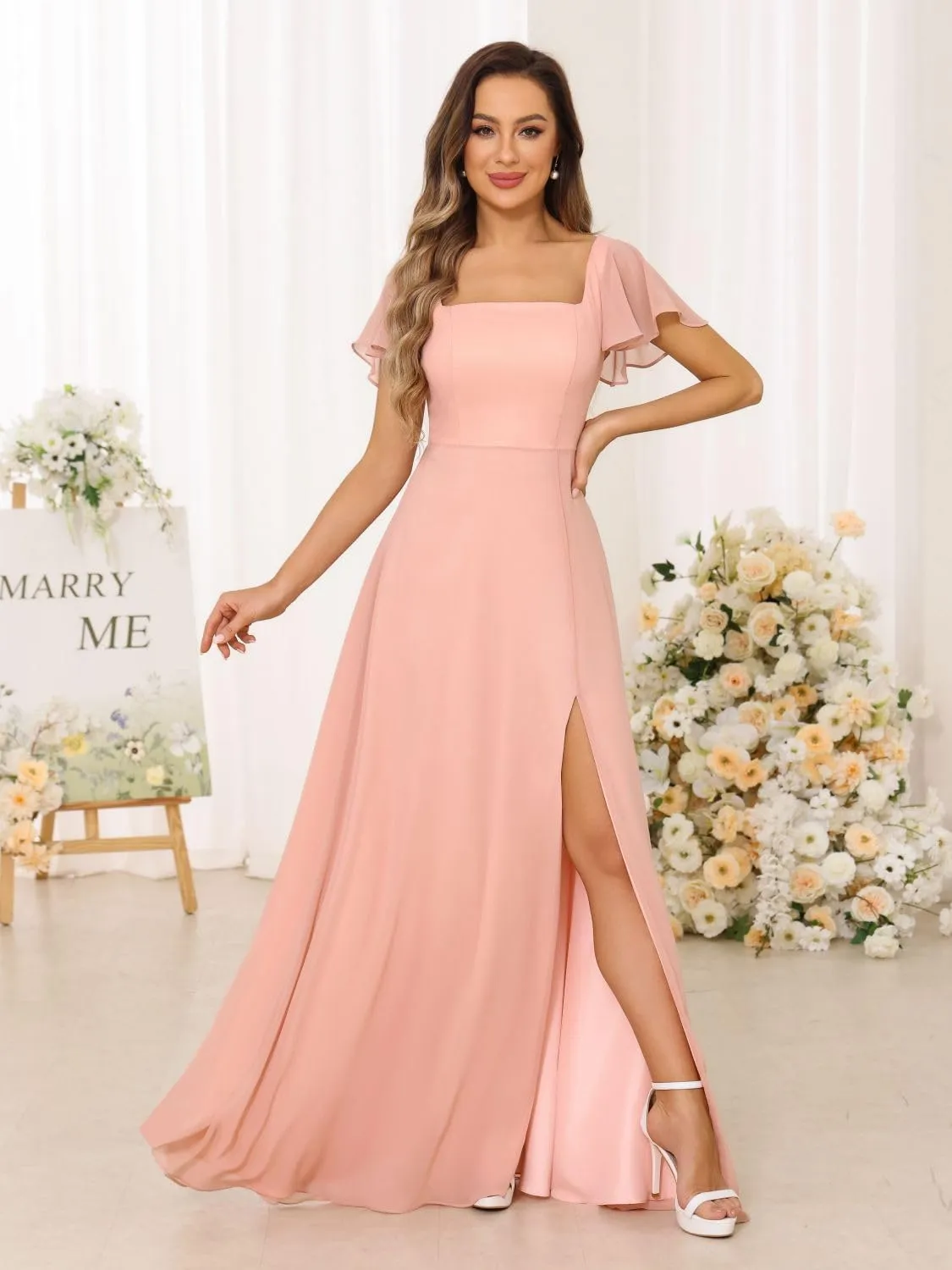 Loyeloy Women's Short Sleeve Bridesmaid Dresses for Wedding Empire Waist A Line Chiffon Long Formal Dresses with Slit