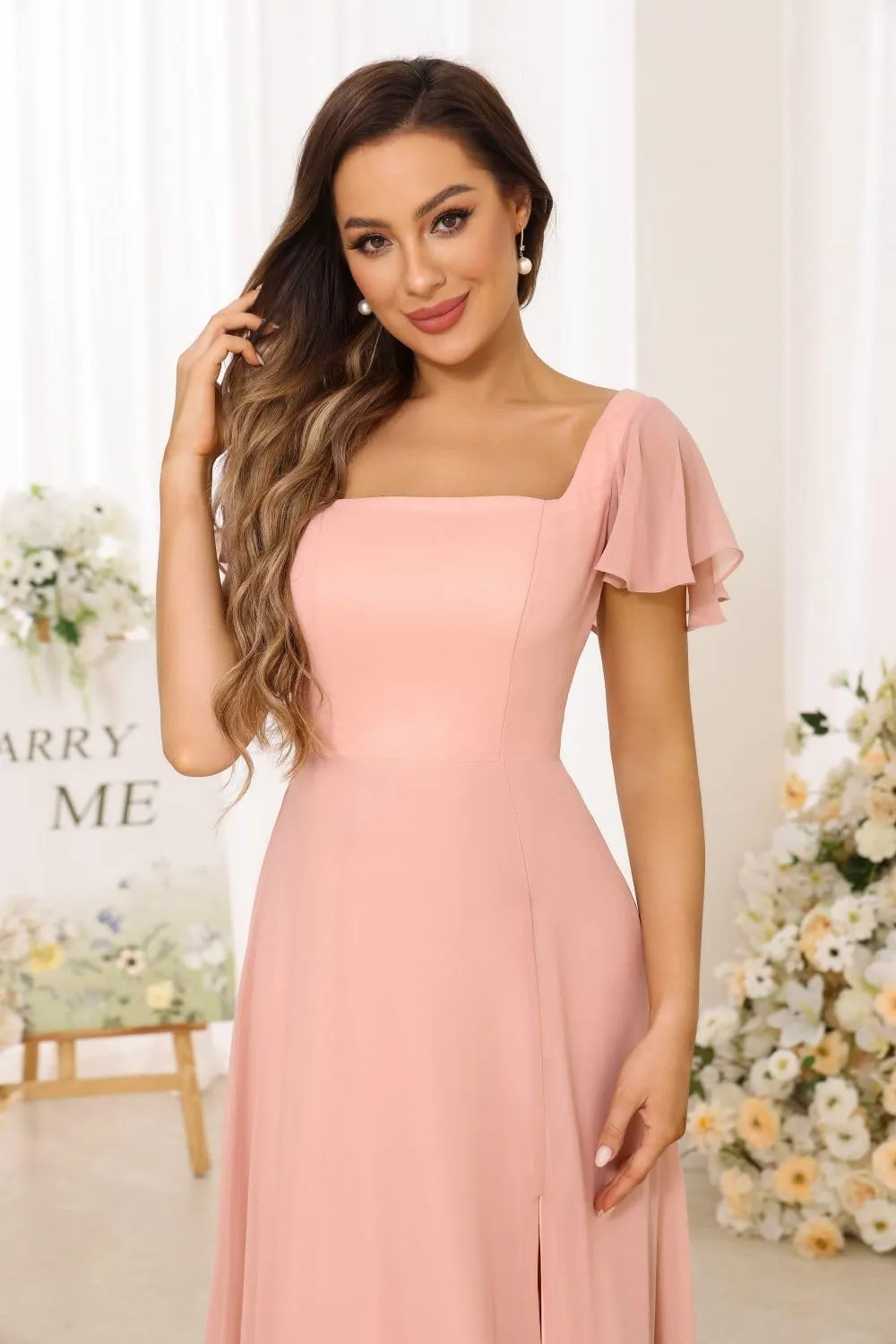 Loyeloy Women's Short Sleeve Bridesmaid Dresses for Wedding Empire Waist A Line Chiffon Long Formal Dresses with Slit