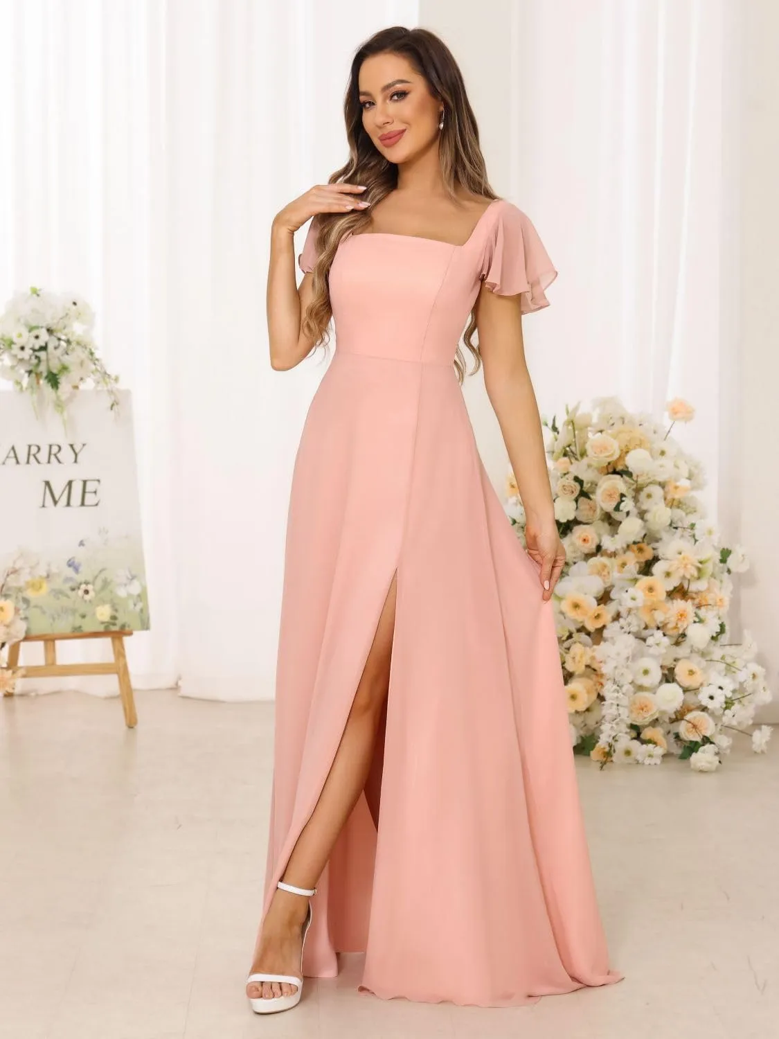 Loyeloy Women's Short Sleeve Bridesmaid Dresses for Wedding Empire Waist A Line Chiffon Long Formal Dresses with Slit
