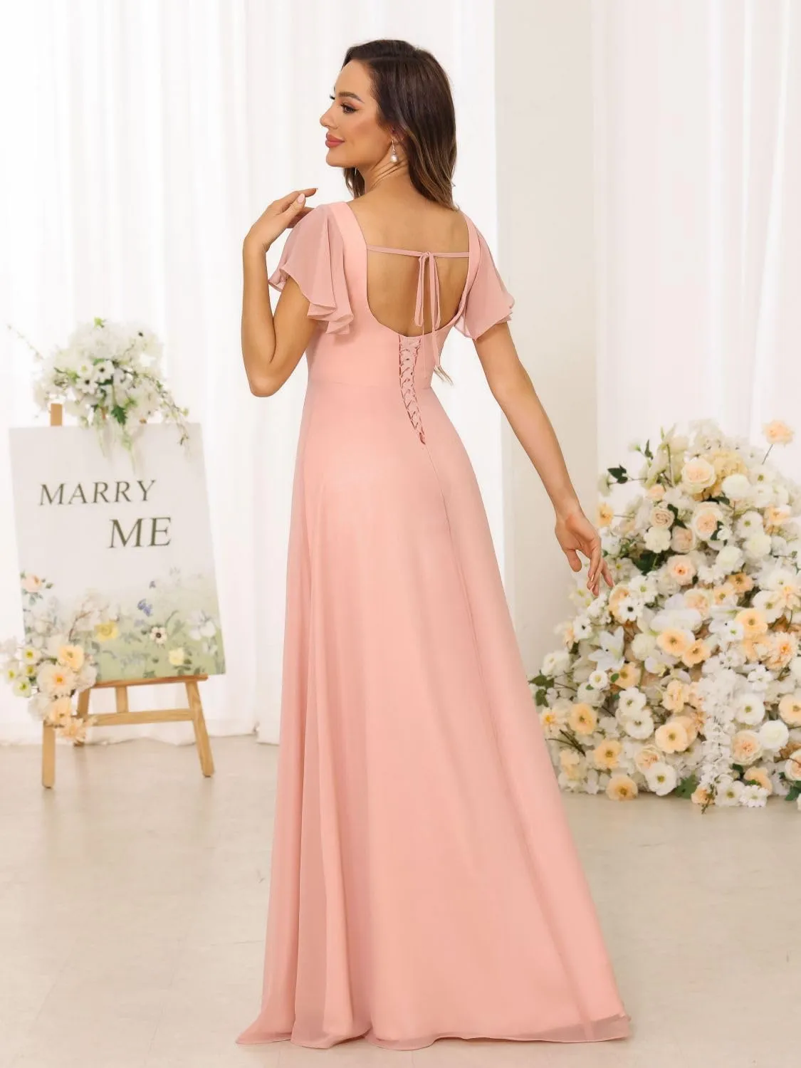 Loyeloy Women's Short Sleeve Bridesmaid Dresses for Wedding Empire Waist A Line Chiffon Long Formal Dresses with Slit