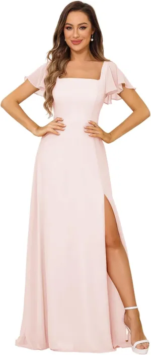 Loyeloy Women's Short Sleeve Bridesmaid Dresses for Wedding Empire Waist A Line Chiffon Long Formal Dresses with Slit