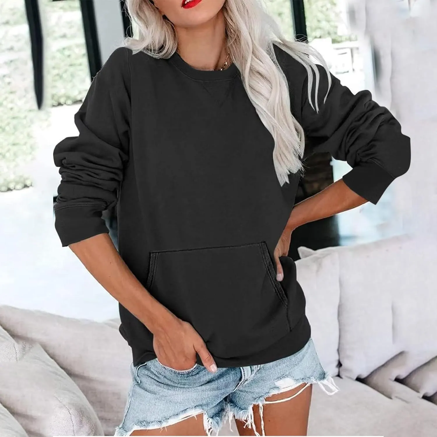 LRMQS Womens Crewneck Long Sleeve Sweatshirt with Kangaroo Pocket Solid Color Pullover Sweatshirts Fall 2023 Fashion Shirt