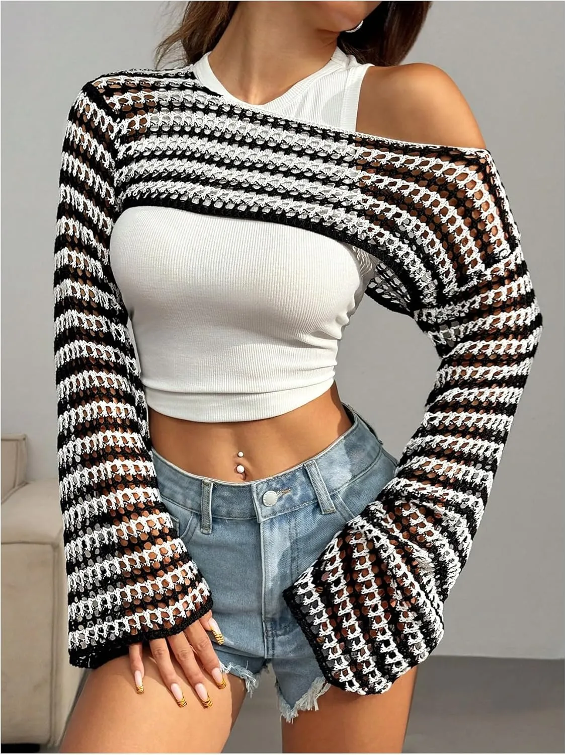 MakeMeChic Women's Rainbow Striped Crochet Shrug Top Bell Sleeve Crop Tops Hollow Out Sweater