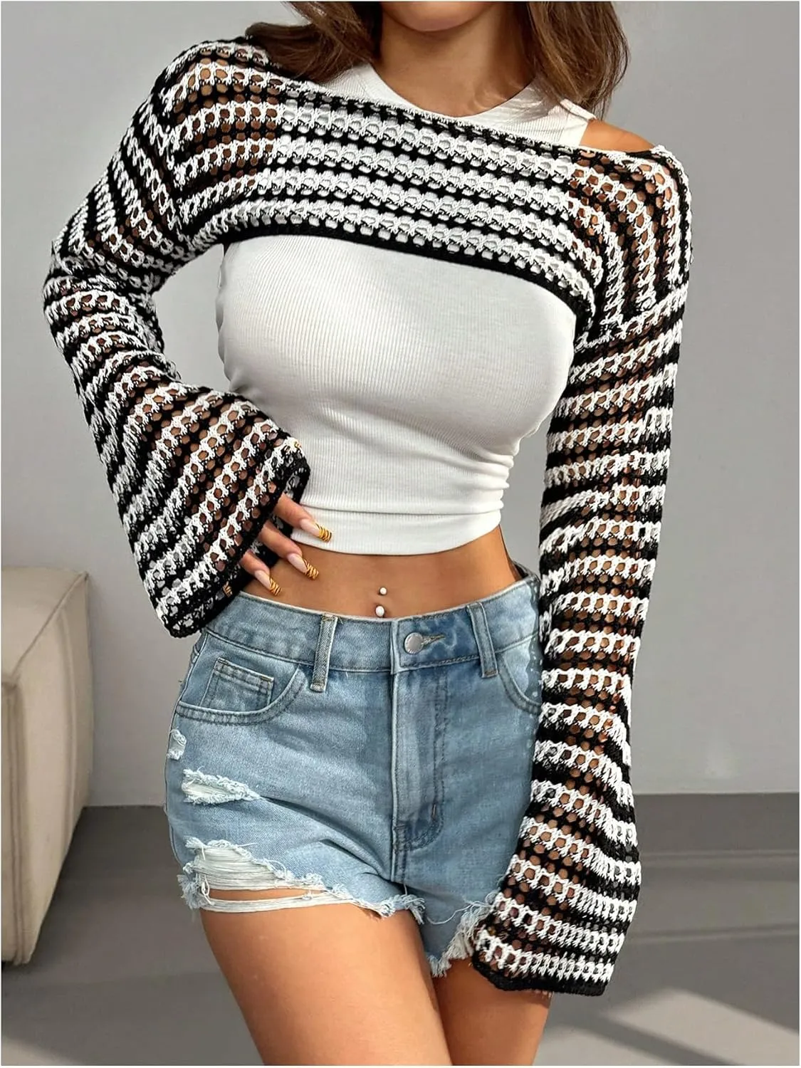 MakeMeChic Women's Rainbow Striped Crochet Shrug Top Bell Sleeve Crop Tops Hollow Out Sweater
