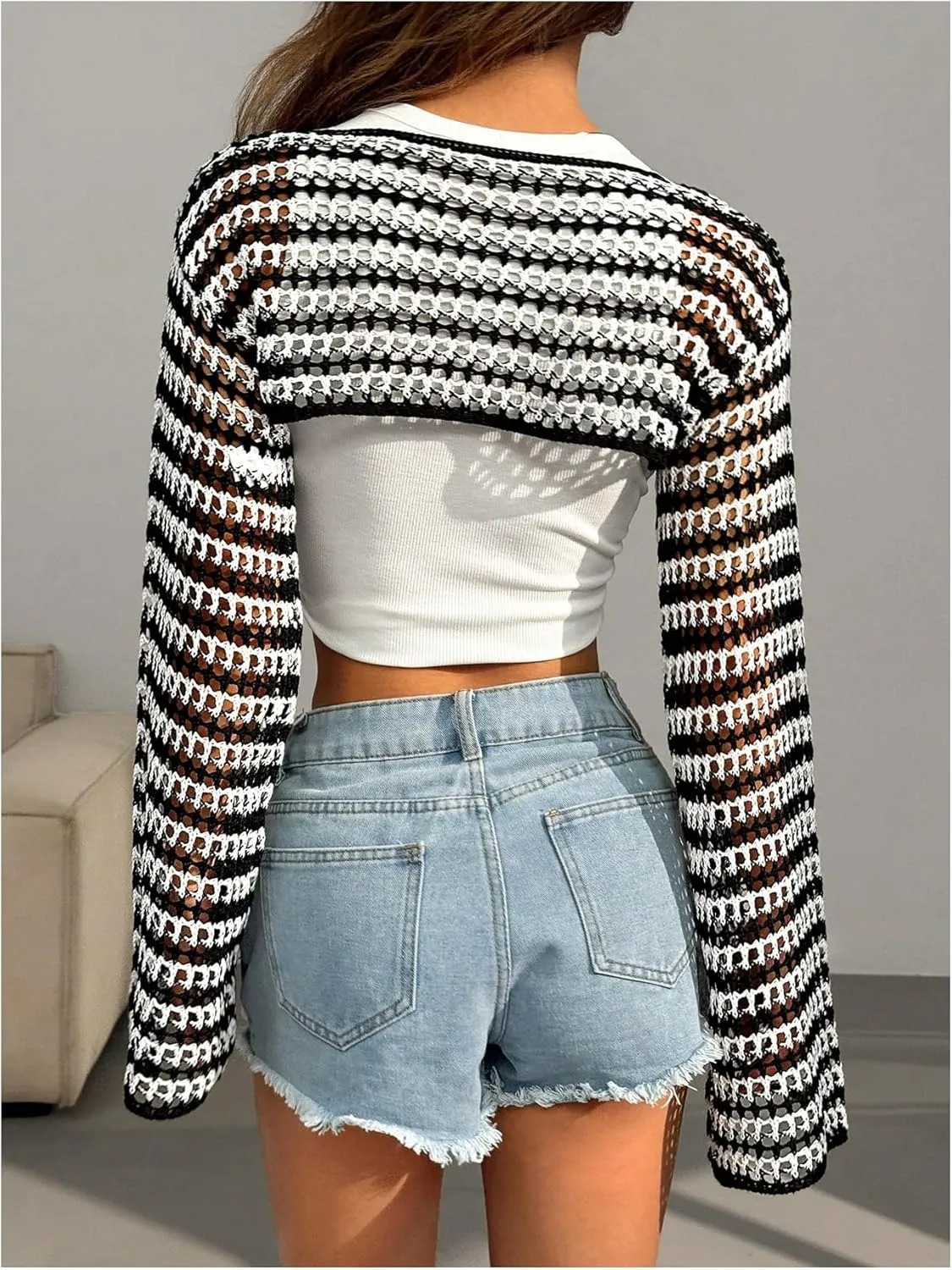 MakeMeChic Women's Rainbow Striped Crochet Shrug Top Bell Sleeve Crop Tops Hollow Out Sweater