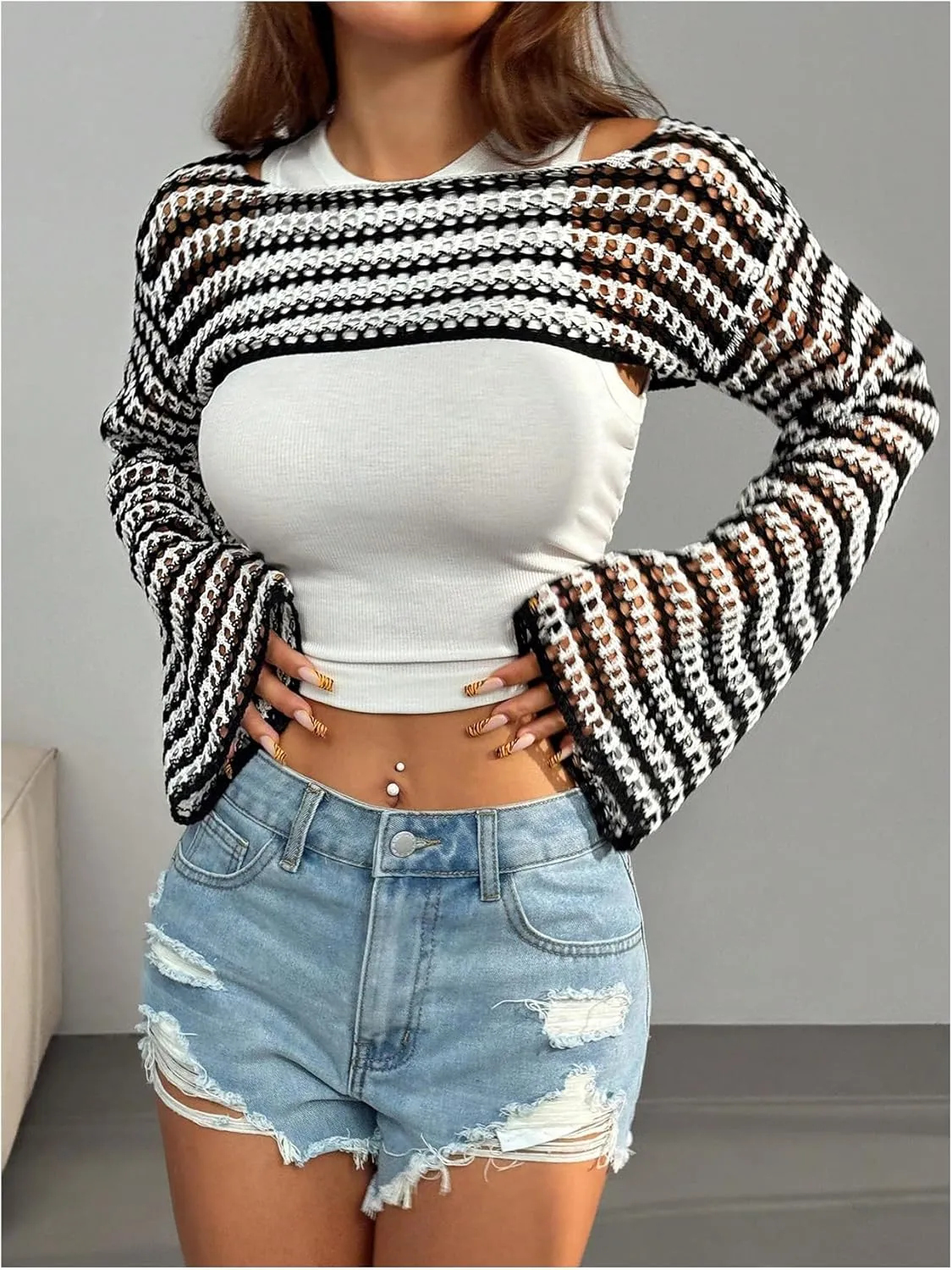 MakeMeChic Women's Rainbow Striped Crochet Shrug Top Bell Sleeve Crop Tops Hollow Out Sweater