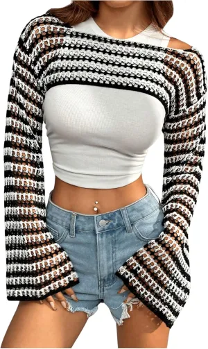 MakeMeChic Women's Rainbow Striped Crochet Shrug Top Bell Sleeve Crop Tops Hollow Out Sweater