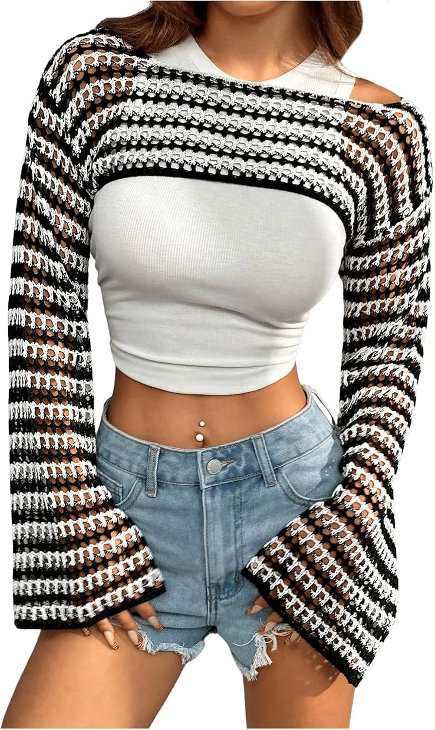 MakeMeChic Women's Rainbow Striped Crochet Shrug Top Bell Sleeve Crop Tops Hollow Out Sweater