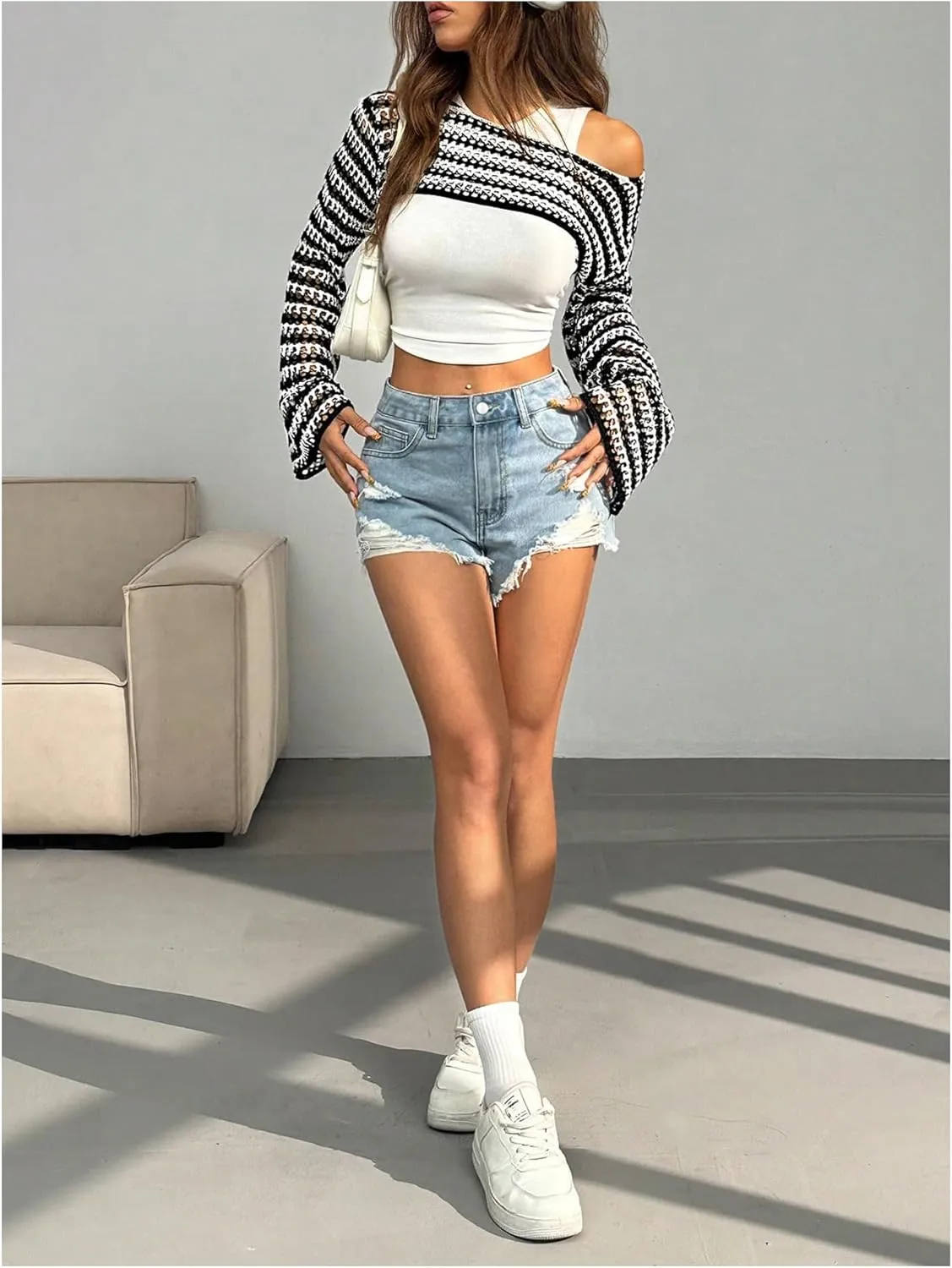 MakeMeChic Women's Rainbow Striped Crochet Shrug Top Bell Sleeve Crop Tops Hollow Out Sweater