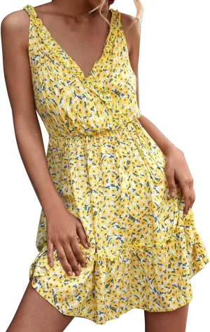 Maxi Sundresses for Women Women's Dresses Summer Floral Printed Ruffle Hem Sleeveless V Neck Beach Mini (Yellow, S)