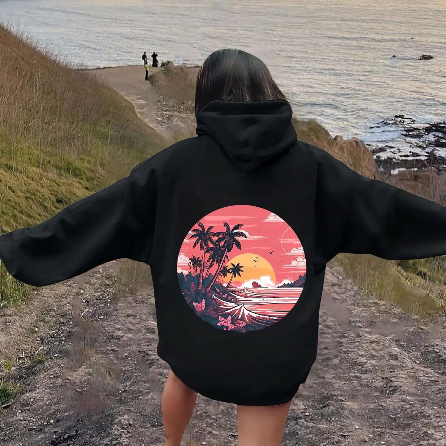 Meet Me at The Ocean Graphic Hoodie For Women Long Sleeve Preppy Sweatshirts Oversized Pullover Hoodies for Teen Girls