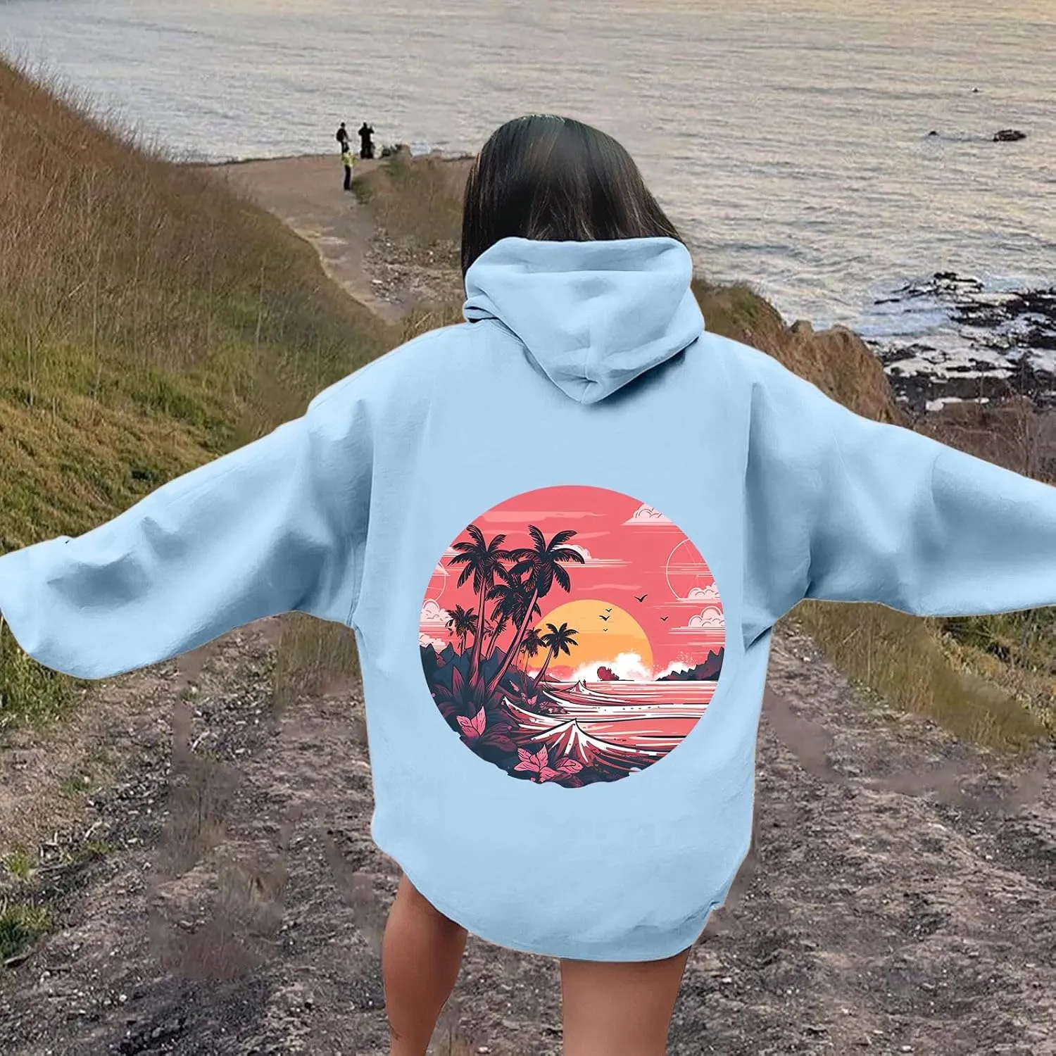 Meet Me at The Ocean Graphic Hoodie For Women Long Sleeve Preppy Sweatshirts Oversized Pullover Hoodies for Teen Girls