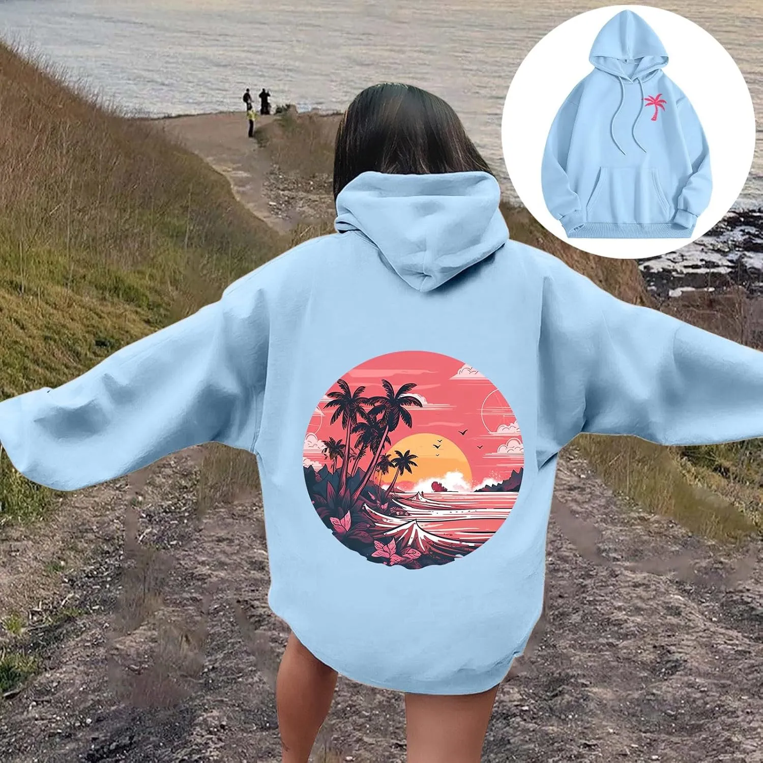 Meet Me at The Ocean Graphic Hoodie For Women Long Sleeve Preppy Sweatshirts Oversized Pullover Hoodies for Teen Girls