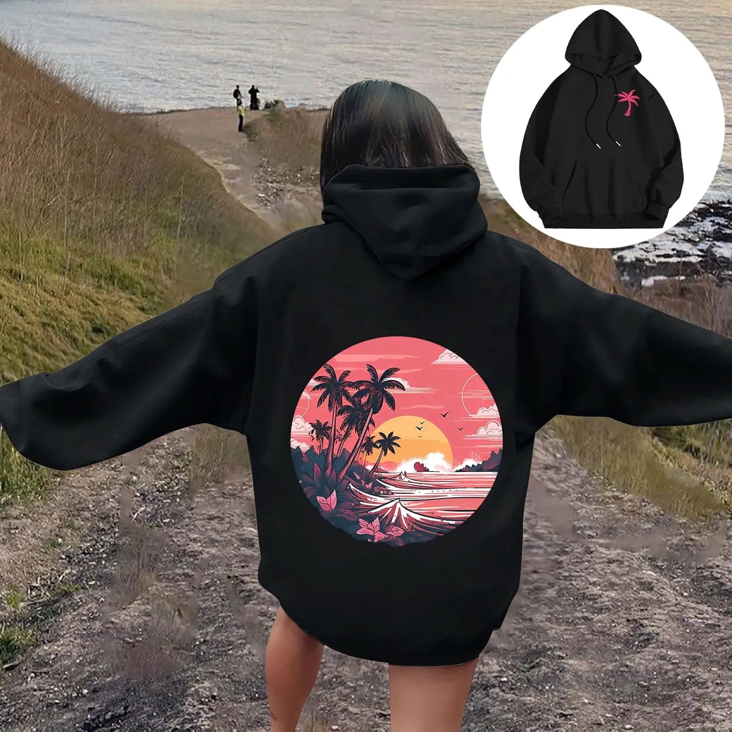 Meet Me at The Ocean Graphic Hoodie For Women Long Sleeve Preppy Sweatshirts Oversized Pullover Hoodies for Teen Girls