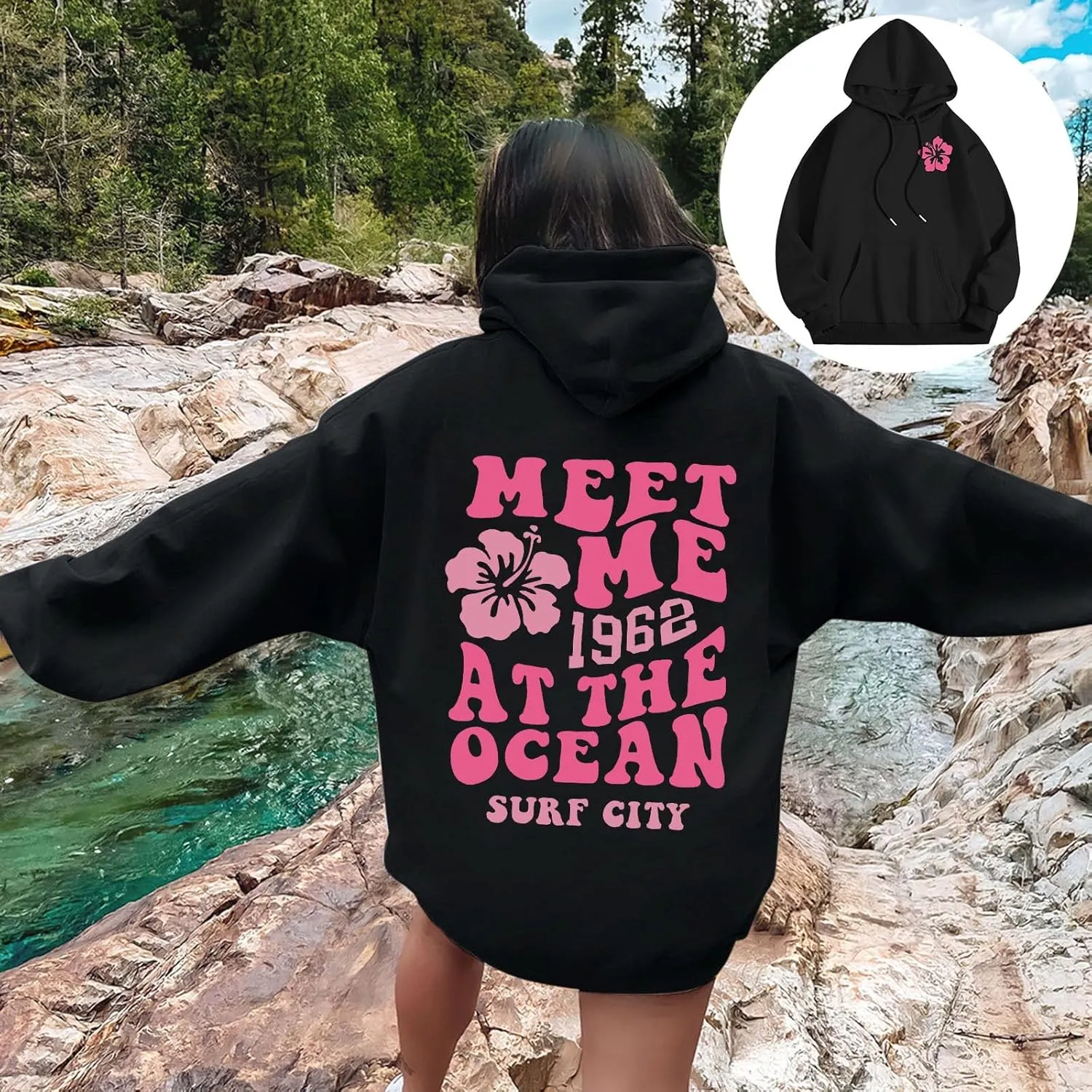 Meet Me at The Ocean Graphic Hoodie For Women Trendy Letter Printed Long Sleeve Hoodie Oversized Casual Pullover Tops