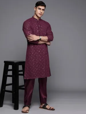 Men Ethnic Motifs Embroidered Sequinned Chikankari Kurta with Trousers