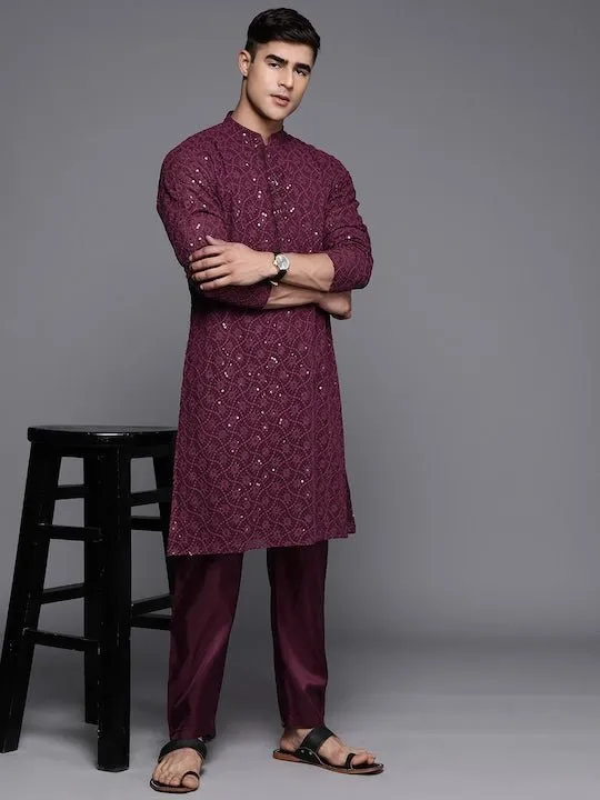 Men Ethnic Motifs Embroidered Sequinned Chikankari Kurta with Trousers