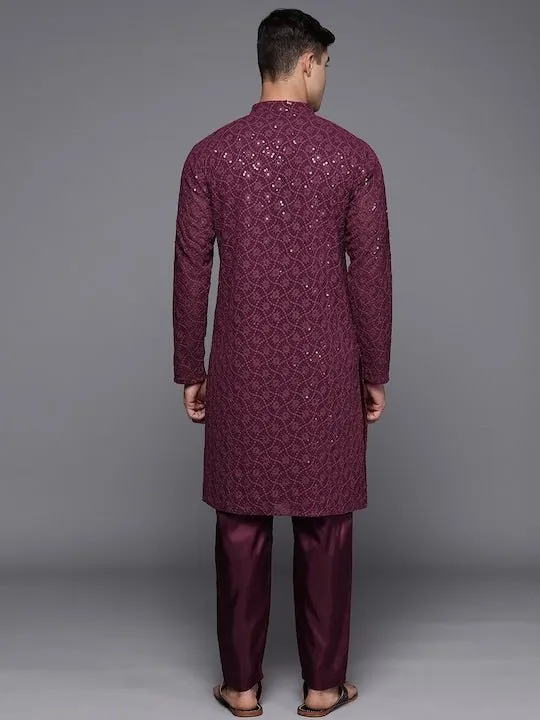 Men Ethnic Motifs Embroidered Sequinned Chikankari Kurta with Trousers