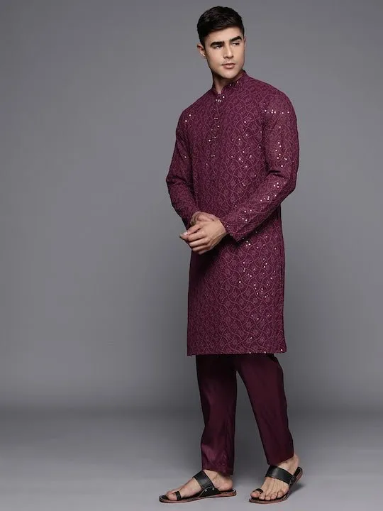 Men Ethnic Motifs Embroidered Sequinned Chikankari Kurta with Trousers