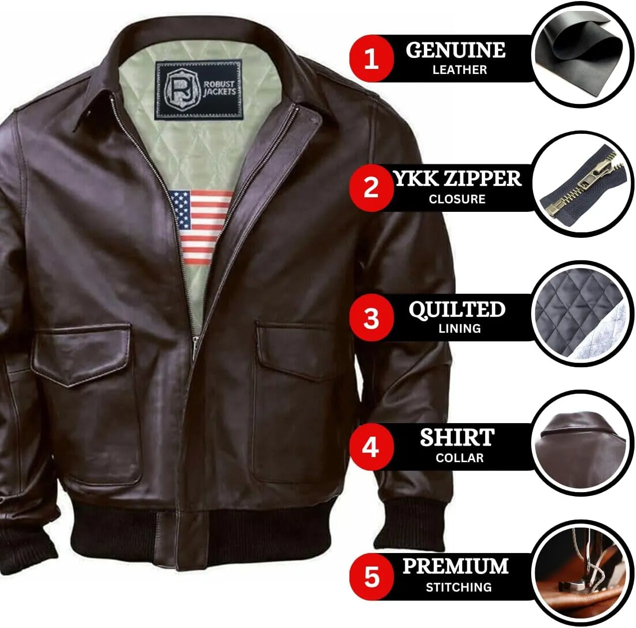 Mens A2 Bomber Leather Jacket - WW2 Air Force Pilot Military Brown Leather Bomber Jacket Men