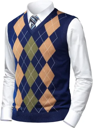 Mens Argyle Sweater Vests Classic V-Neck Sleeveless Pullover Grey Black Knitwear Nice Tank Tops for Dad Husband