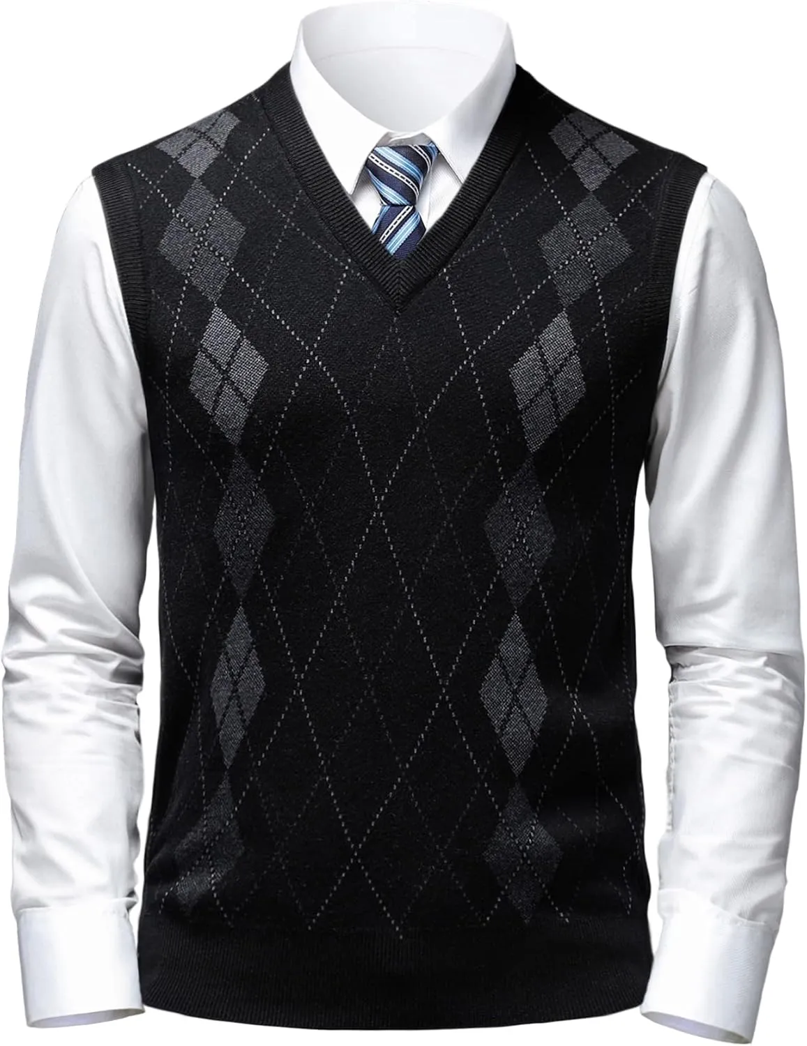 Mens Argyle Sweater Vests Classic V-Neck Sleeveless Pullover Grey Black Knitwear Nice Tank Tops for Dad Husband