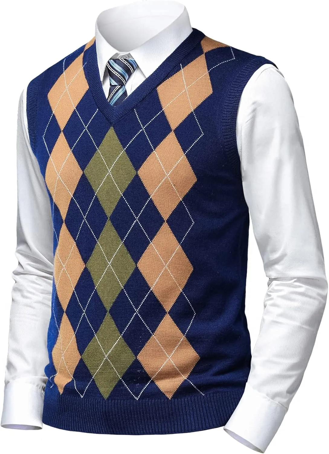 Mens Argyle Sweater Vests Classic V-Neck Sleeveless Pullover Grey Black Knitwear Nice Tank Tops for Dad Husband