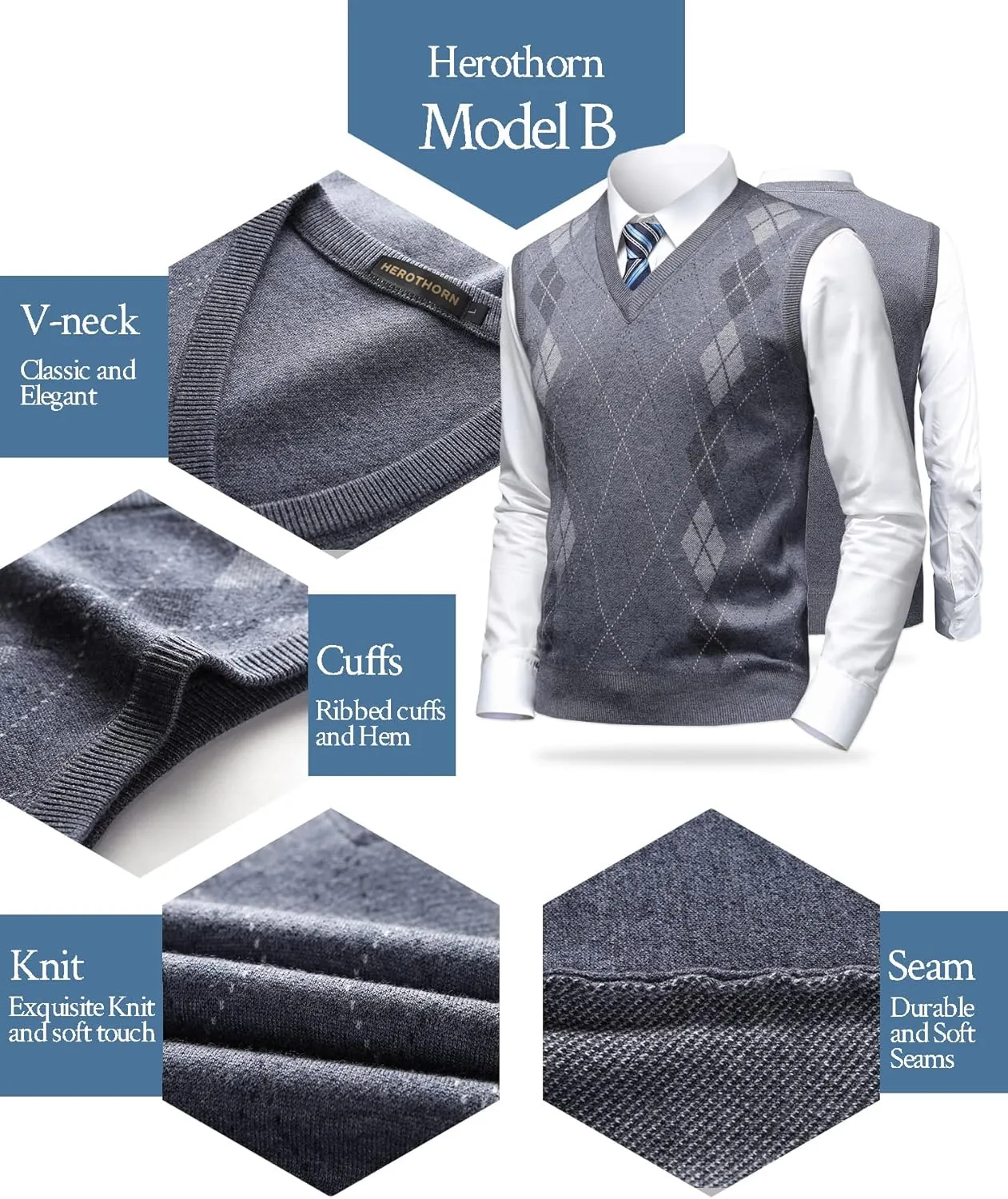 Mens Argyle Sweater Vests Classic V-Neck Sleeveless Pullover Grey Black Knitwear Nice Tank Tops for Dad Husband