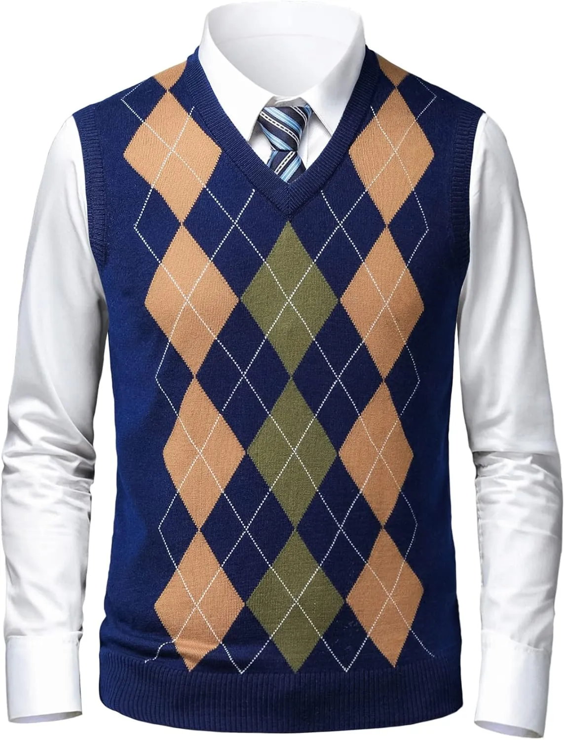 Mens Argyle Sweater Vests Classic V-Neck Sleeveless Pullover Grey Black Knitwear Nice Tank Tops for Dad Husband