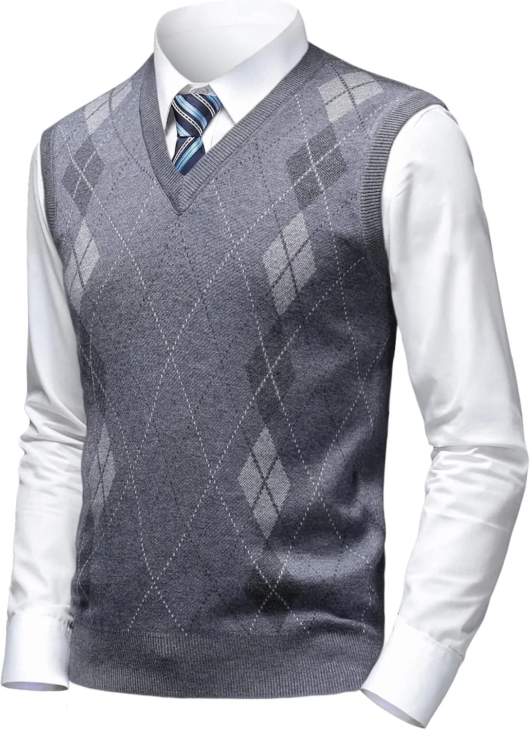 Mens Argyle Sweater Vests Classic V-Neck Sleeveless Pullover Grey Black Knitwear Nice Tank Tops for Dad Husband