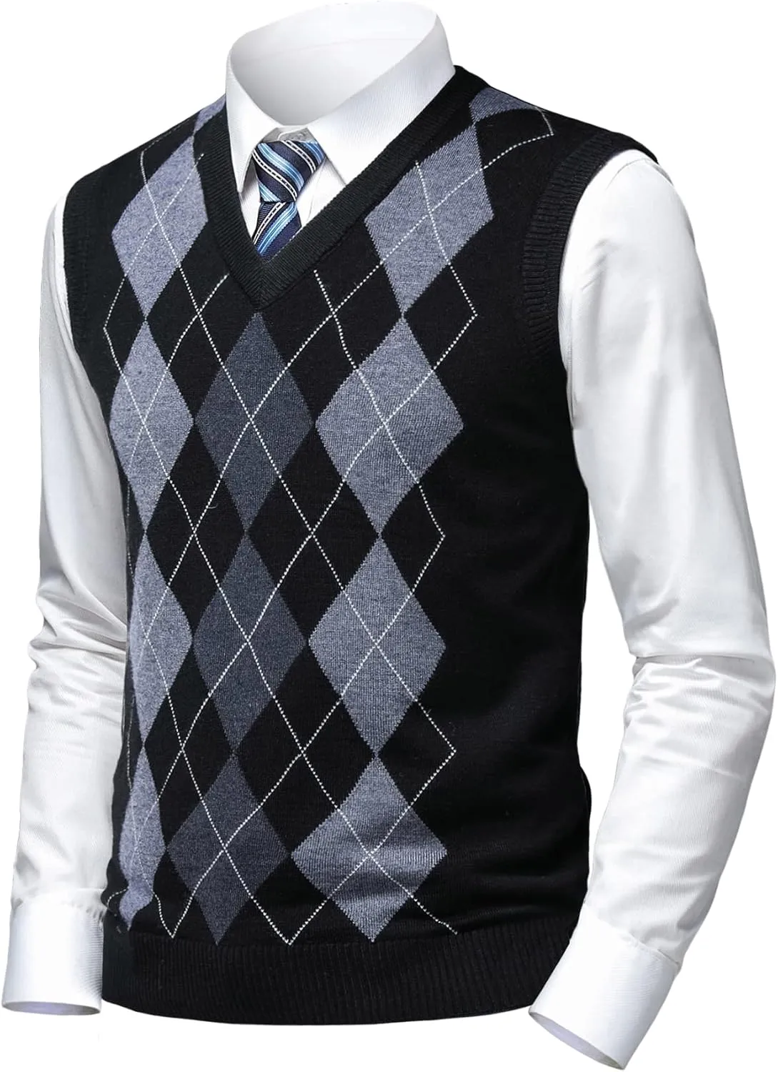 Mens Argyle Sweater Vests Classic V-Neck Sleeveless Pullover Grey Black Knitwear Nice Tank Tops for Dad Husband