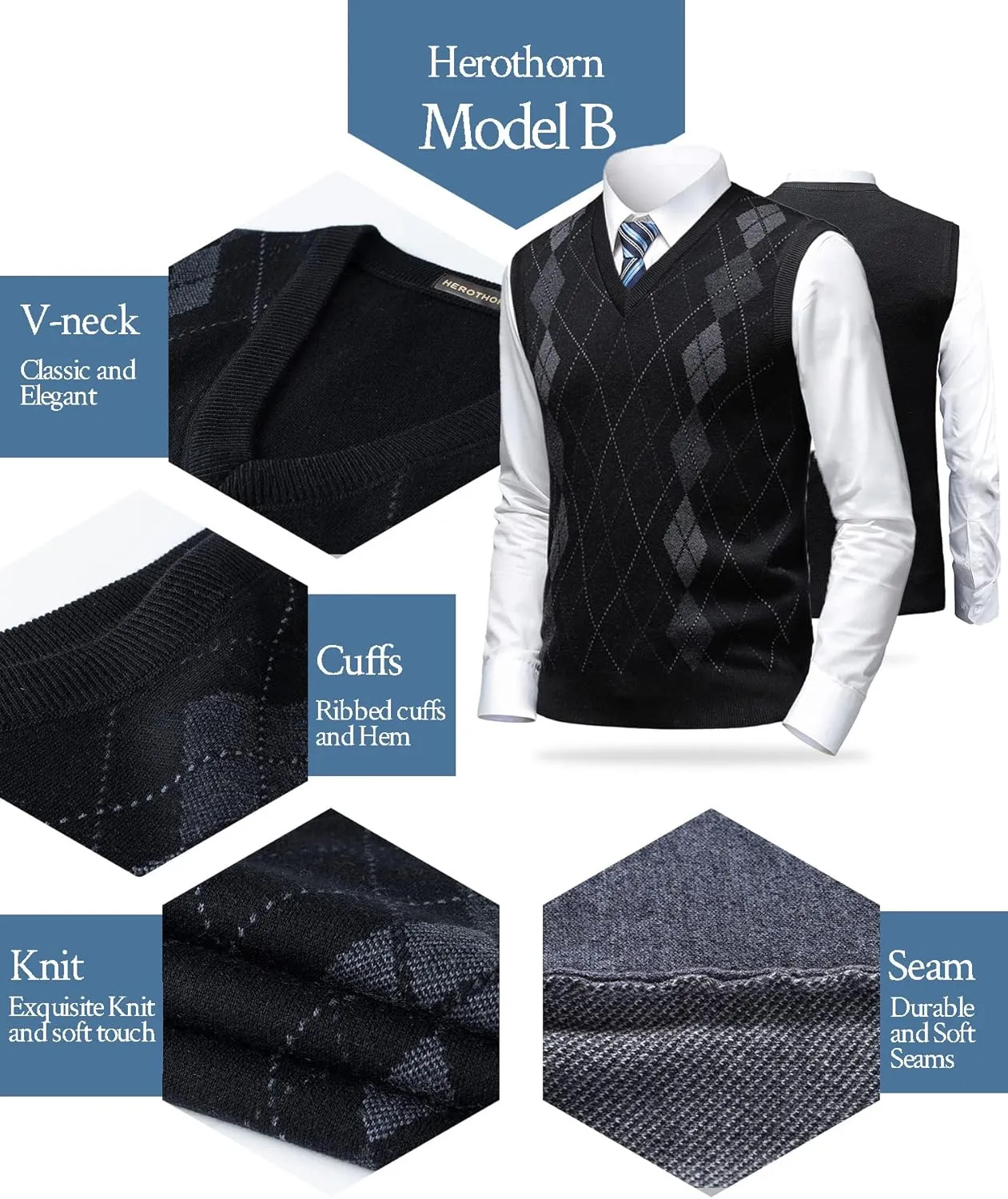 Mens Argyle Sweater Vests Classic V-Neck Sleeveless Pullover Grey Black Knitwear Nice Tank Tops for Dad Husband