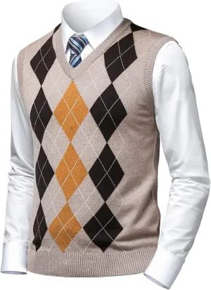 Mens Argyle Sweater Vests Classic V-Neck Sleeveless Pullover Grey Black Knitwear Nice Tank Tops for Dad Husband