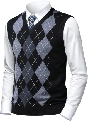Mens Argyle Sweater Vests Classic V-Neck Sleeveless Pullover Grey Black Knitwear Nice Tank Tops for Dad Husband