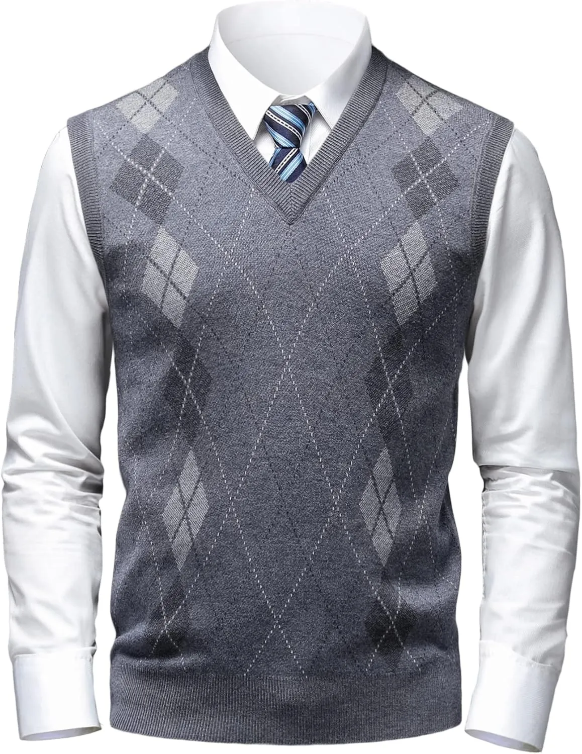 Mens Argyle Sweater Vests Classic V-Neck Sleeveless Pullover Grey Black Knitwear Nice Tank Tops for Dad Husband